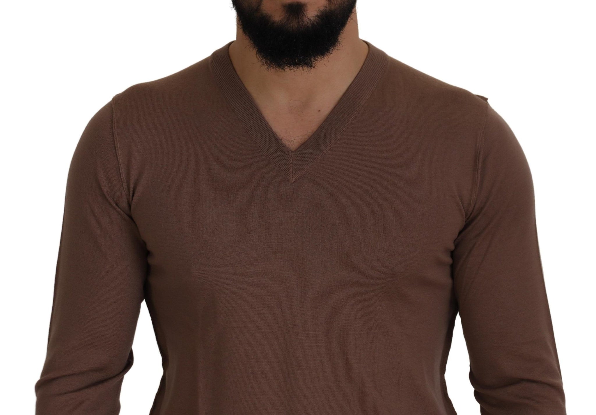 Brown Wool Men V-neck Pullover Sweater