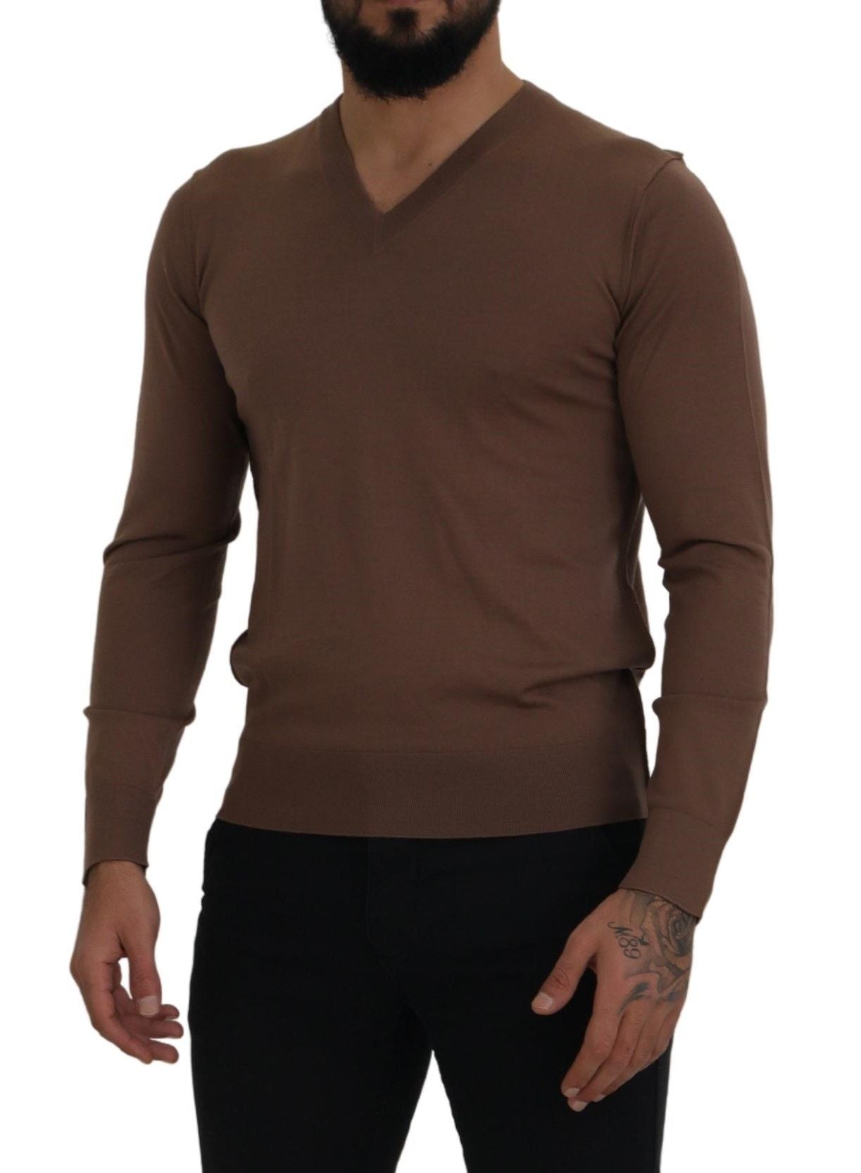 Brown Wool Men V-neck Pullover Sweater