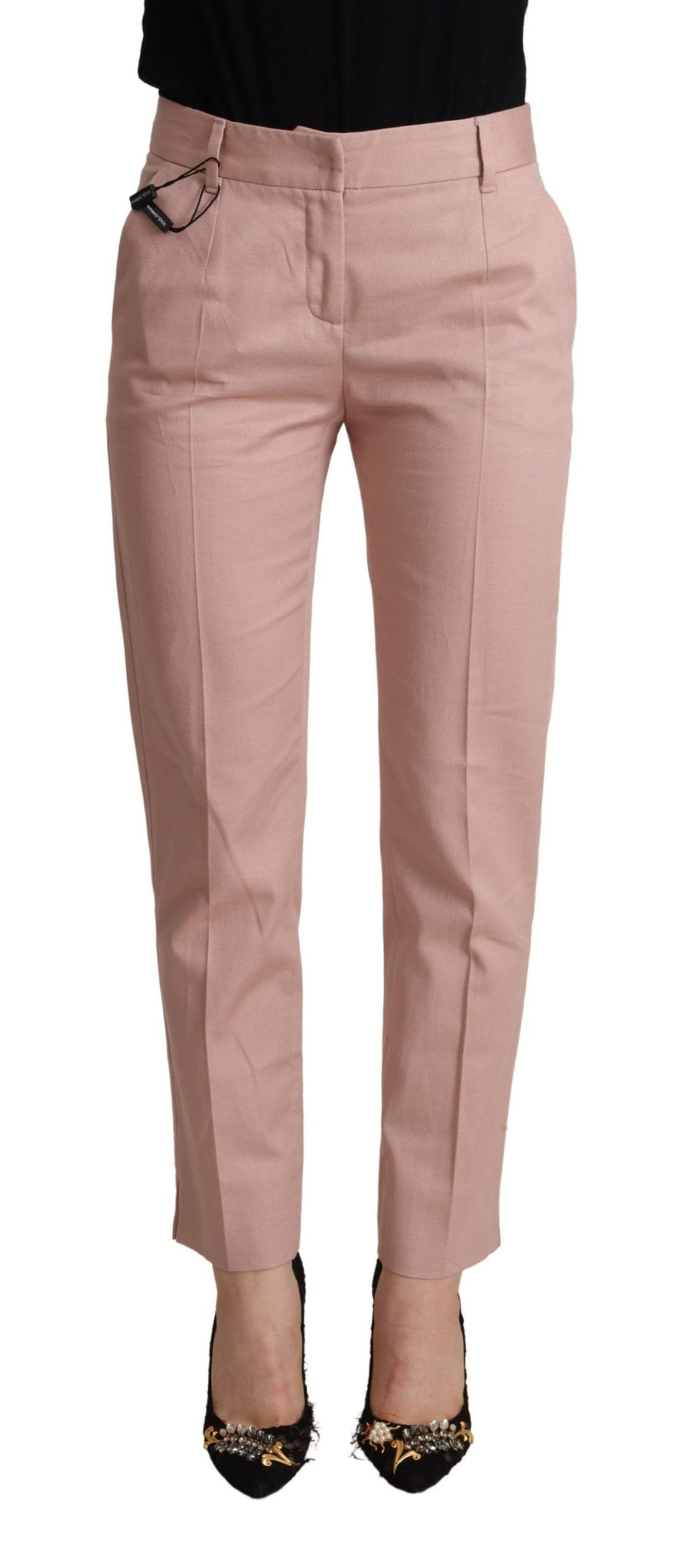 Pink Cotton Mid Waist Trouser Tapered Pants