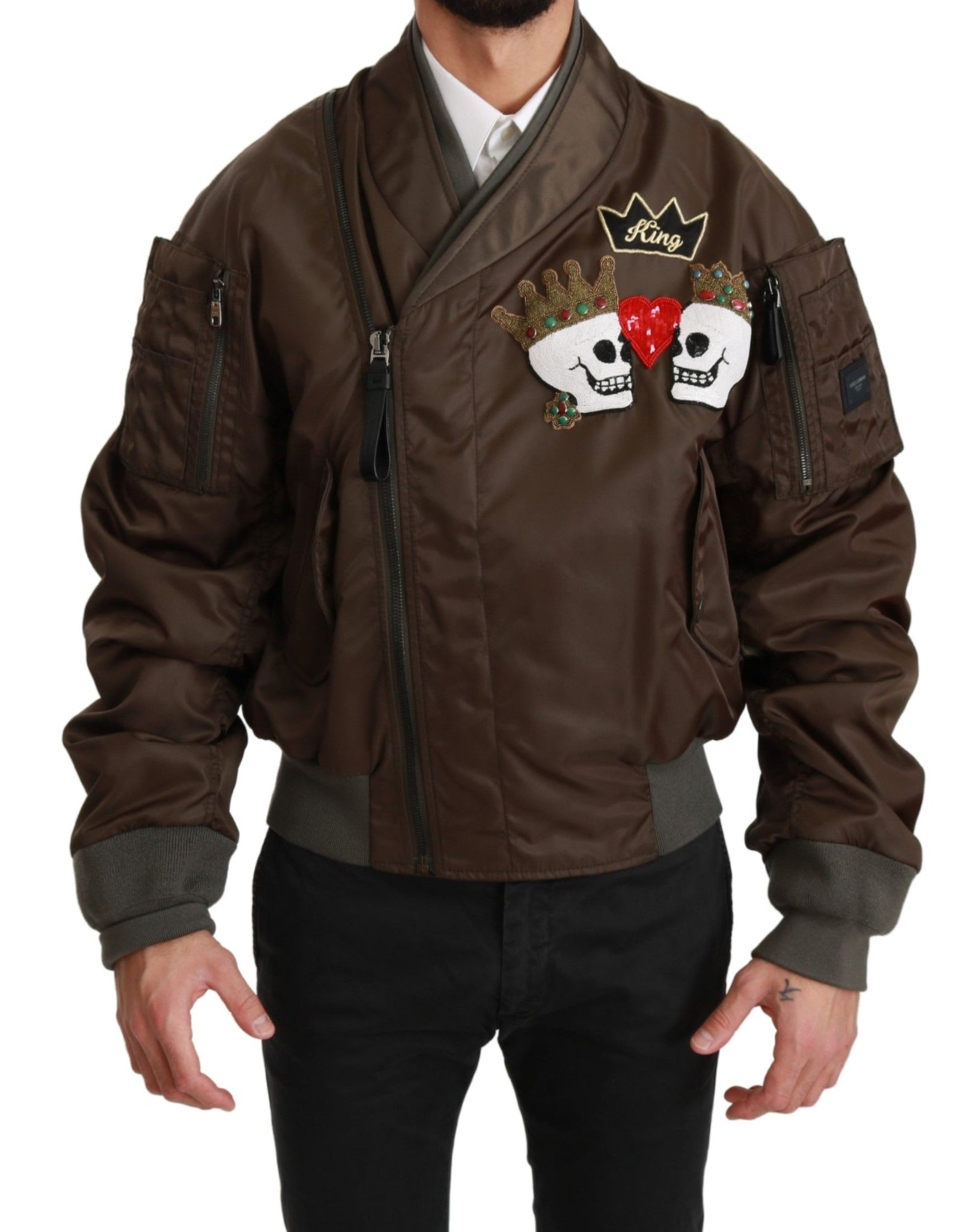 Brown Beaded Crown Skull Logo Jacket