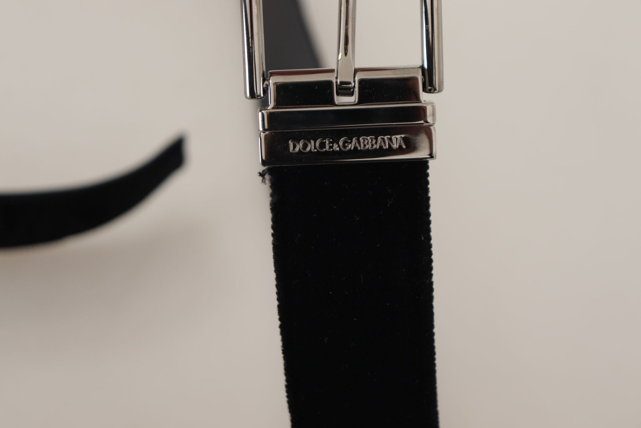 Dolce & Gabbana Black Velvet Silver Logo Engraved Metal Buckle Belt