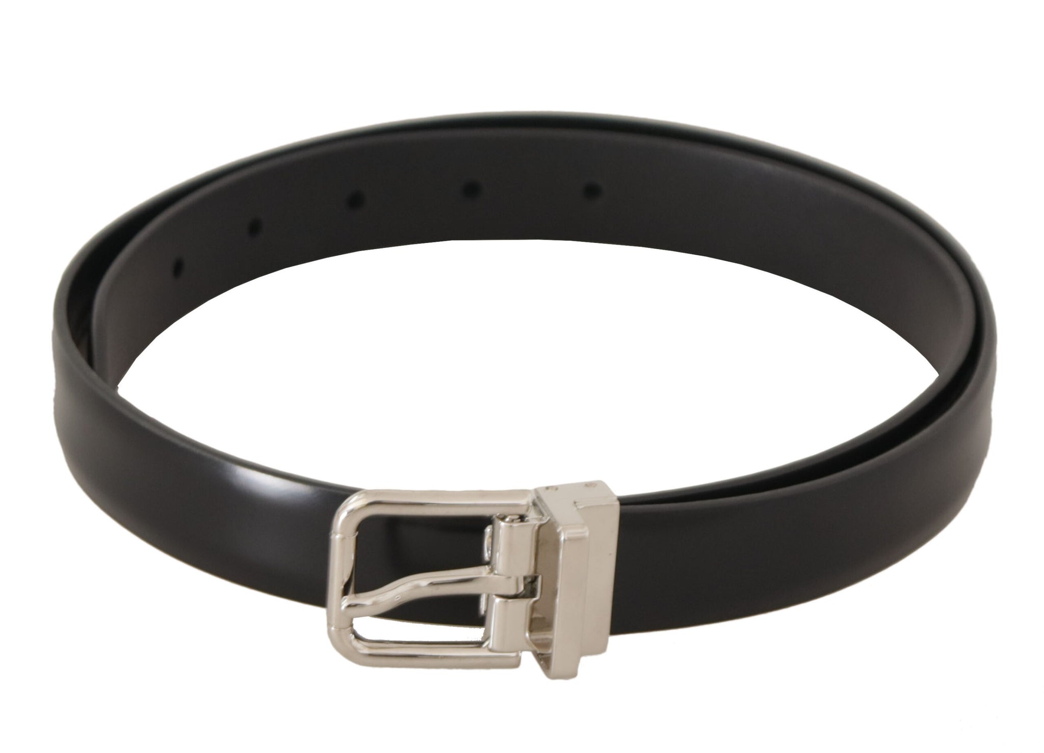 Dolce & Gabbana Black Calf Leather Silver Metal Logo Buckle Belt