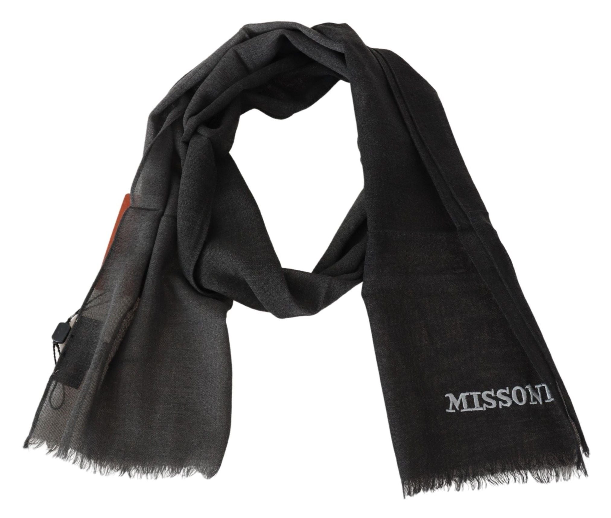 Black Wool Unisex Neck Wrap Shawl Fringes Logo Scarf