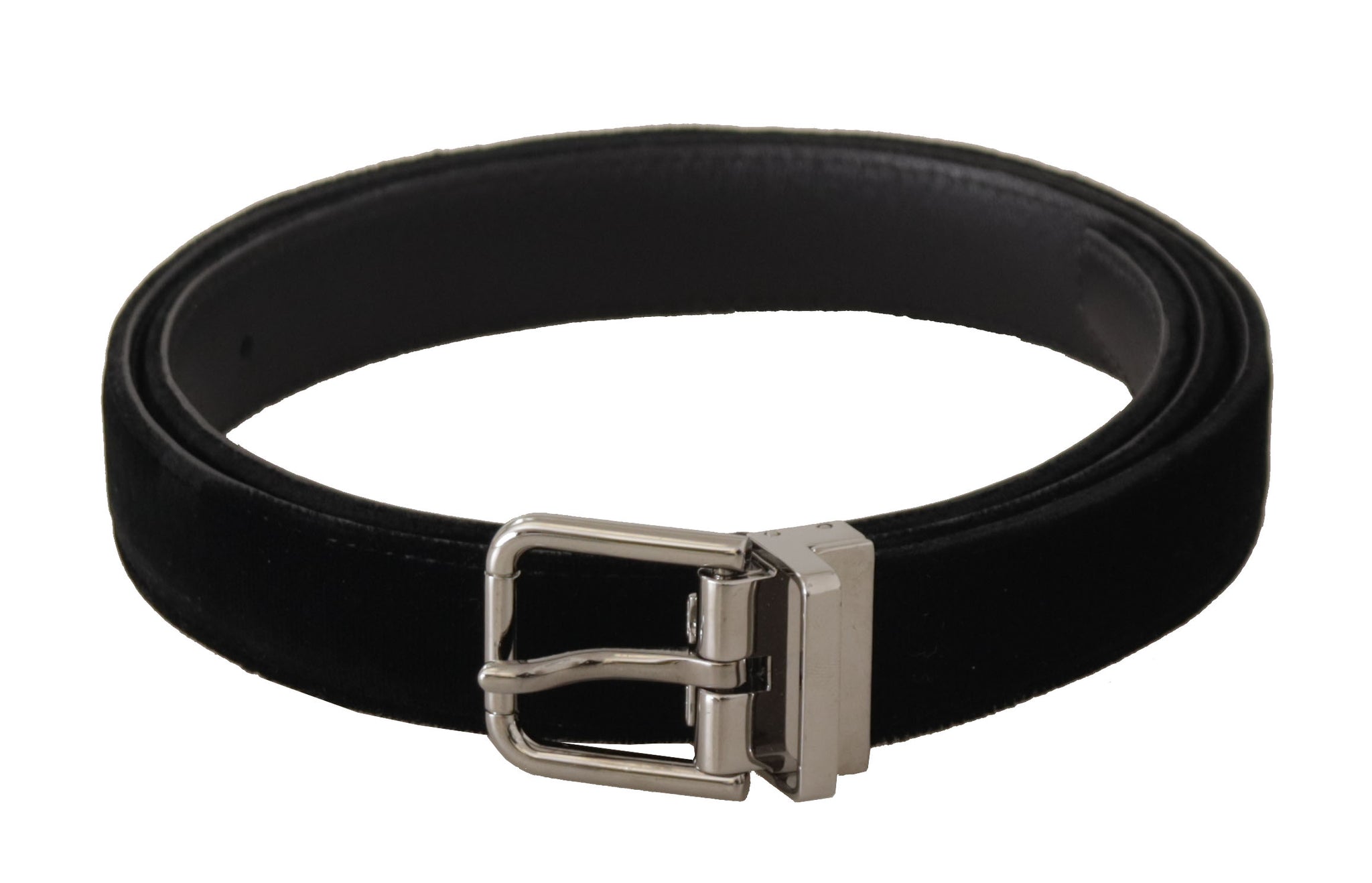 Dolce & Gabbana Black Velvet Silver Tone Logo Metal Buckle Belt