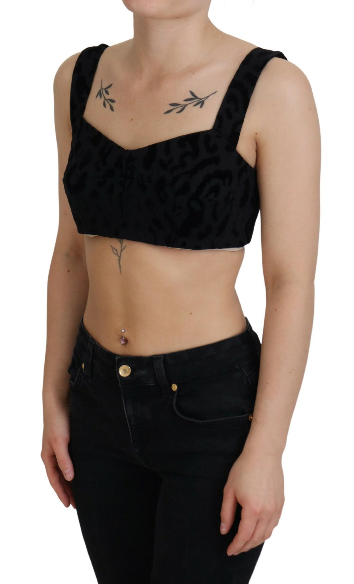 Dolce & Gabbana Black Leopard Cropped Bustier Corset Bra Top