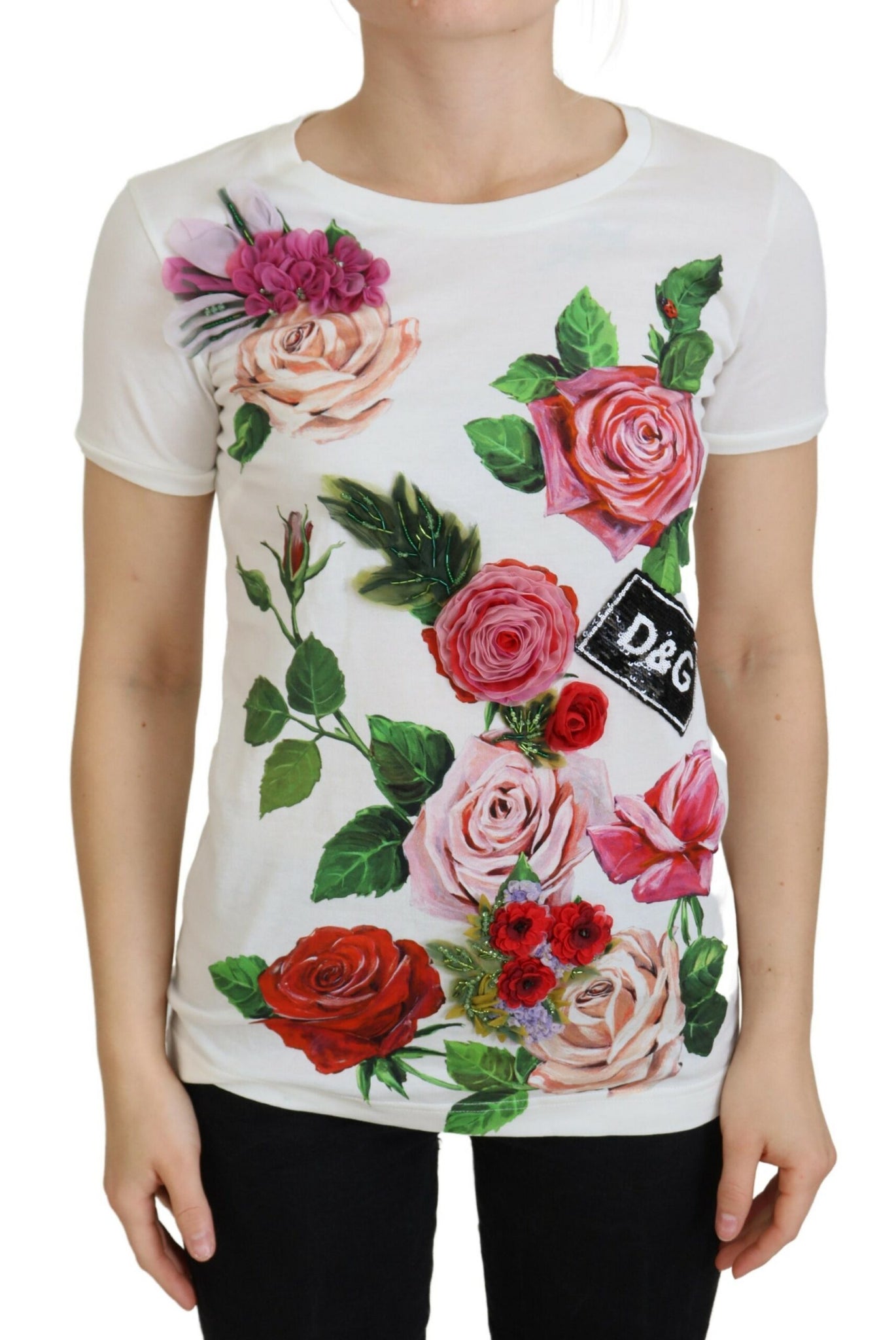 Dolce & Gabbana White Rose DGLogo Printed Short Sleeves Top