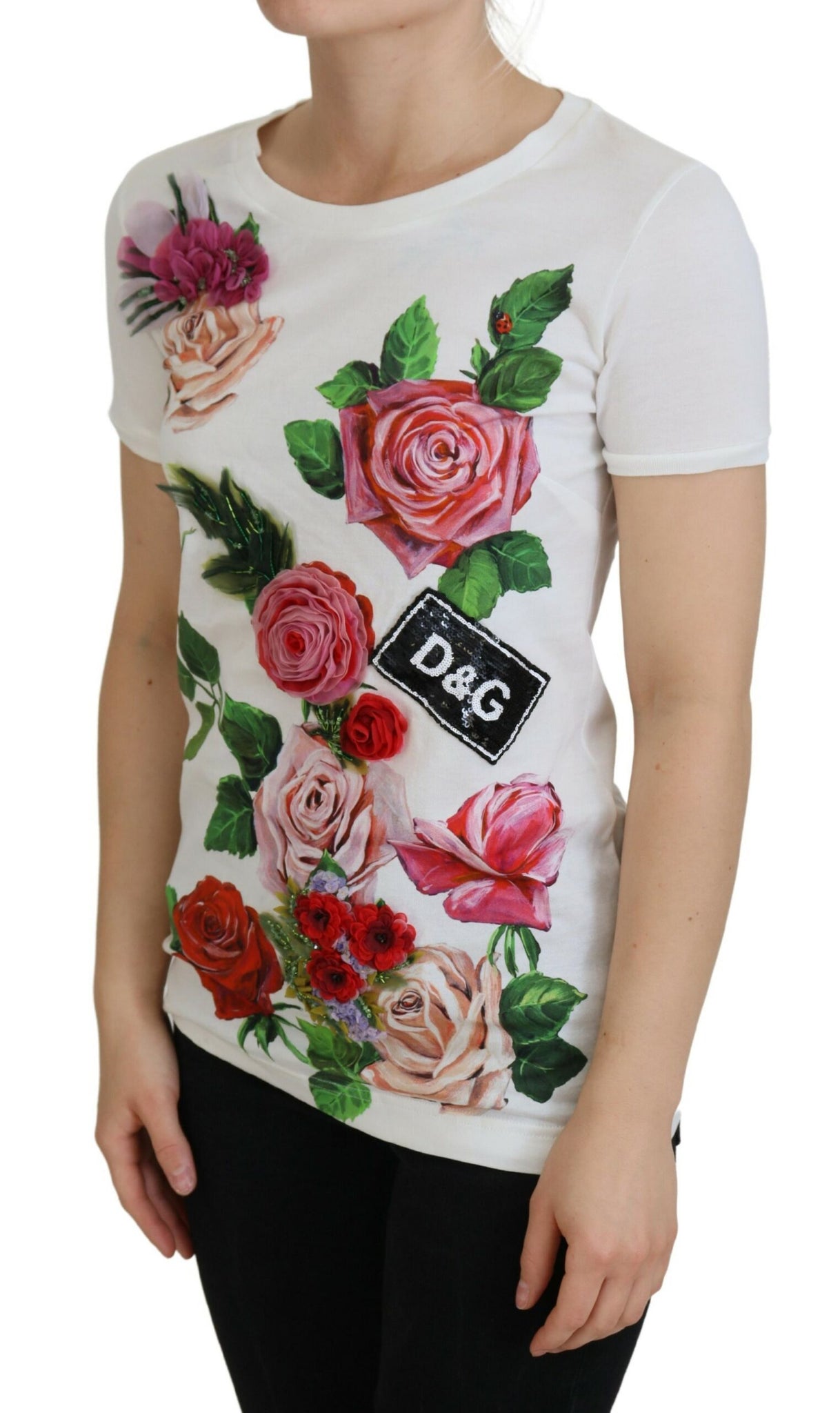 Dolce & Gabbana White Rose DGLogo Printed Short Sleeves Top