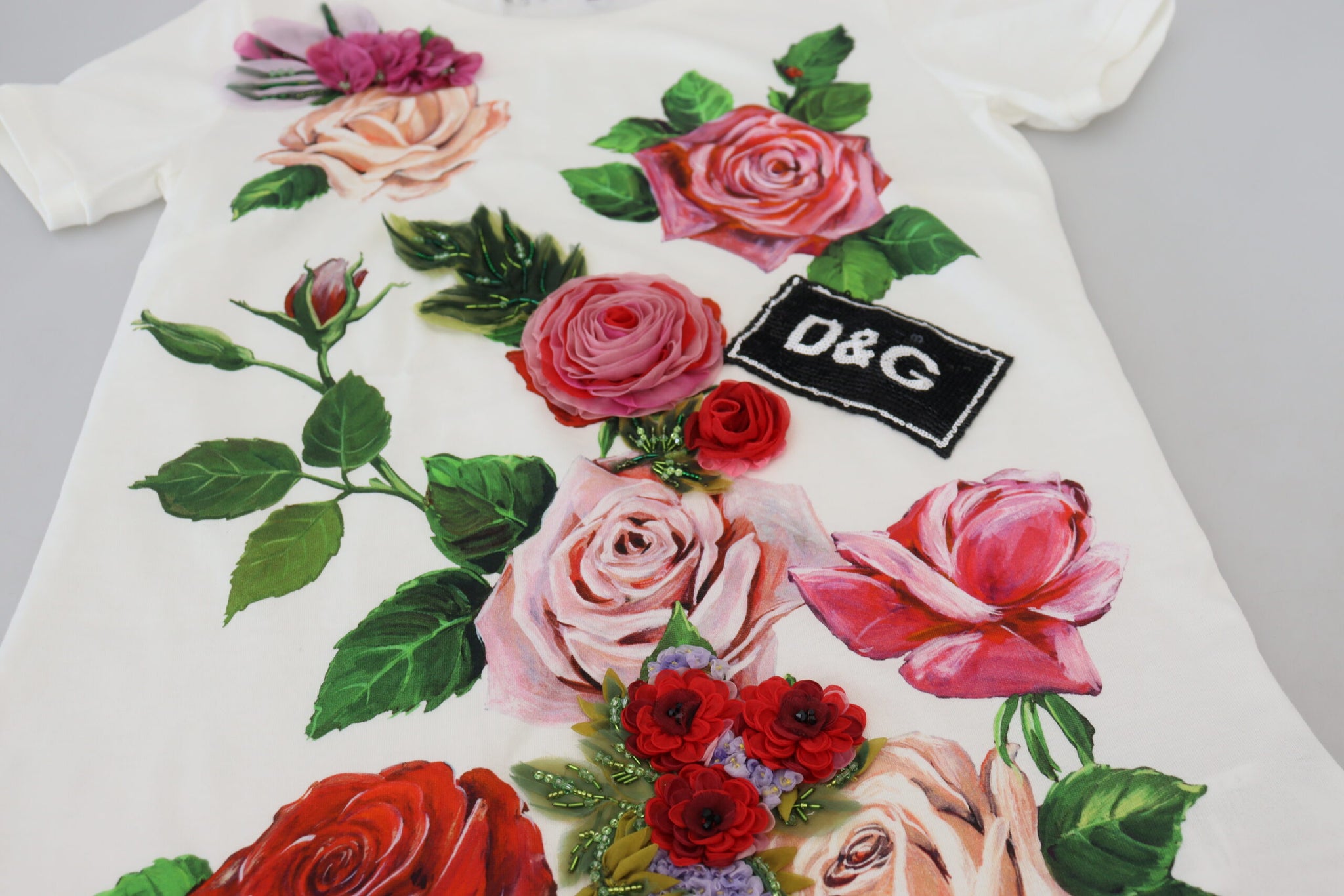 Dolce & Gabbana White Rose DGLogo Printed Short Sleeves Top