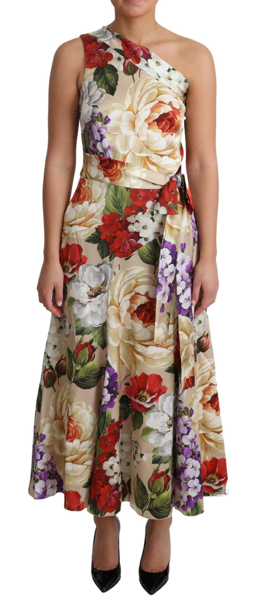 Print Silk Stretch One Shoulder Dress Floral