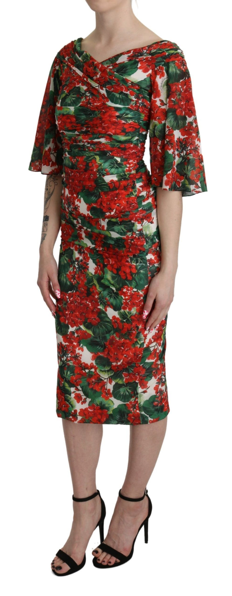 Red Floral Sheath Midi Silk Stretch Dress