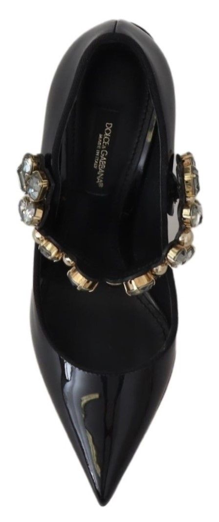 Black Leather Crystal Shoes Mary Jane Pumps