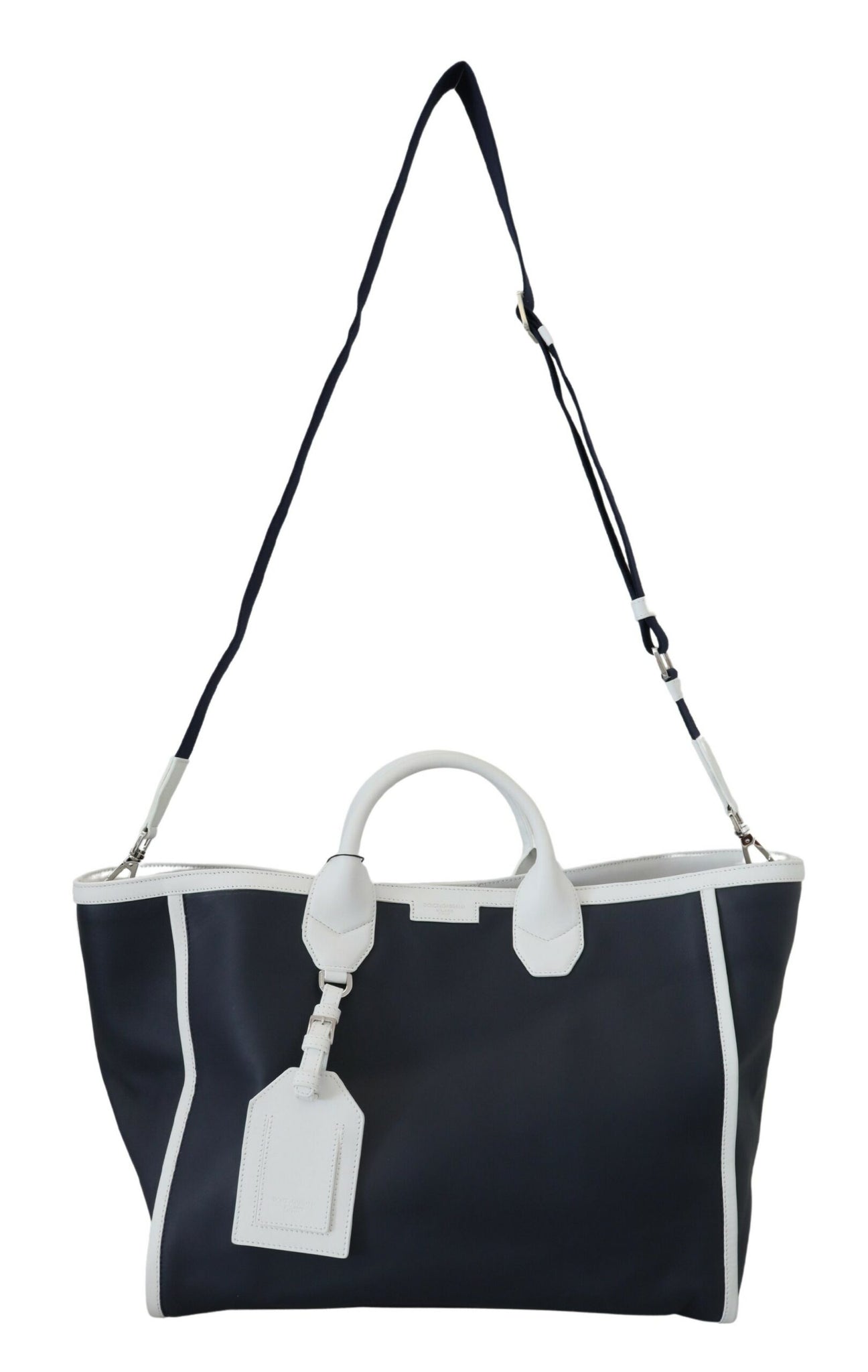 Dolce & Gabbana White Blue Leather Shopping Tote Bag