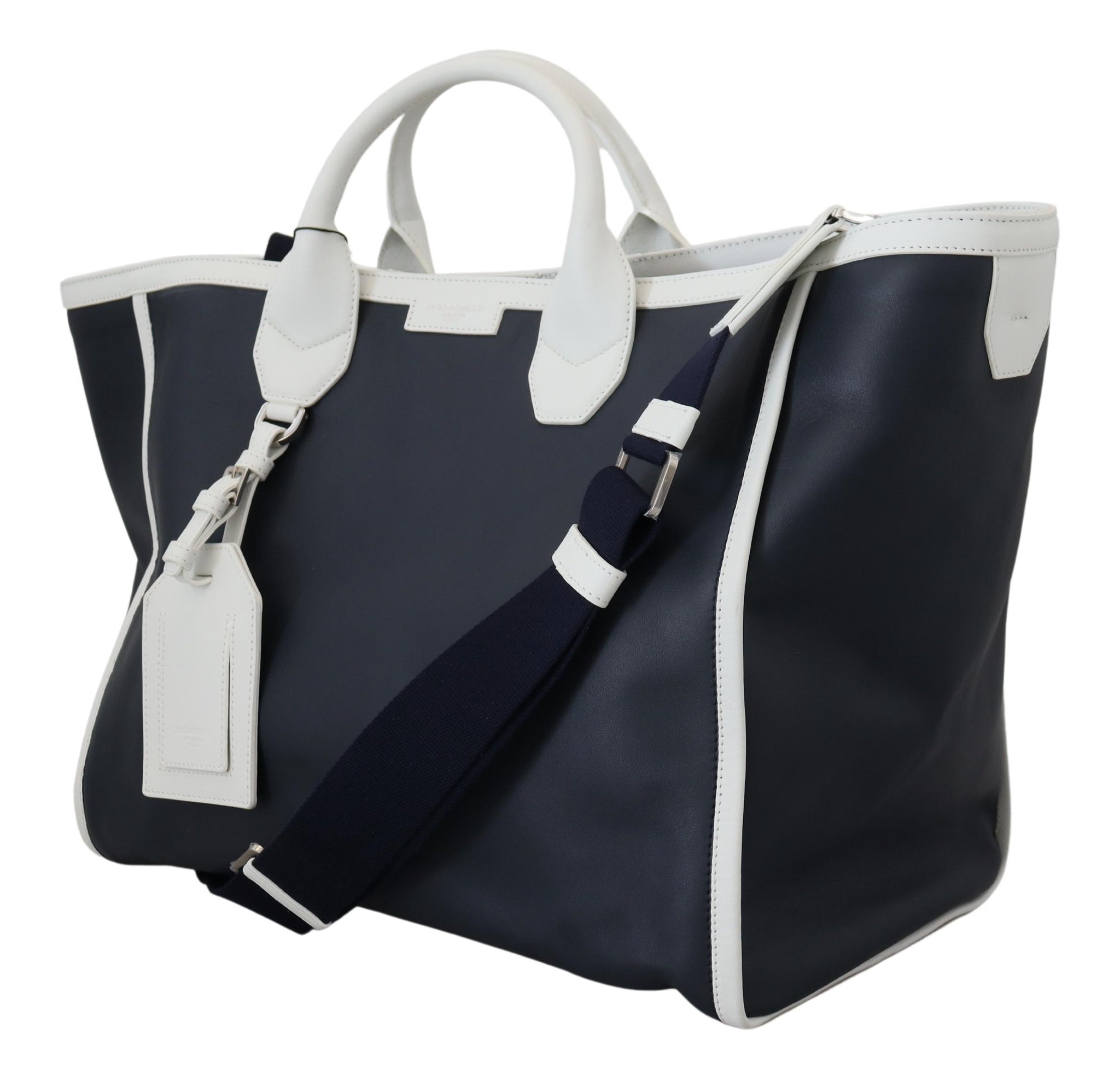 Dolce & Gabbana White Blue Leather Shopping Tote Bag