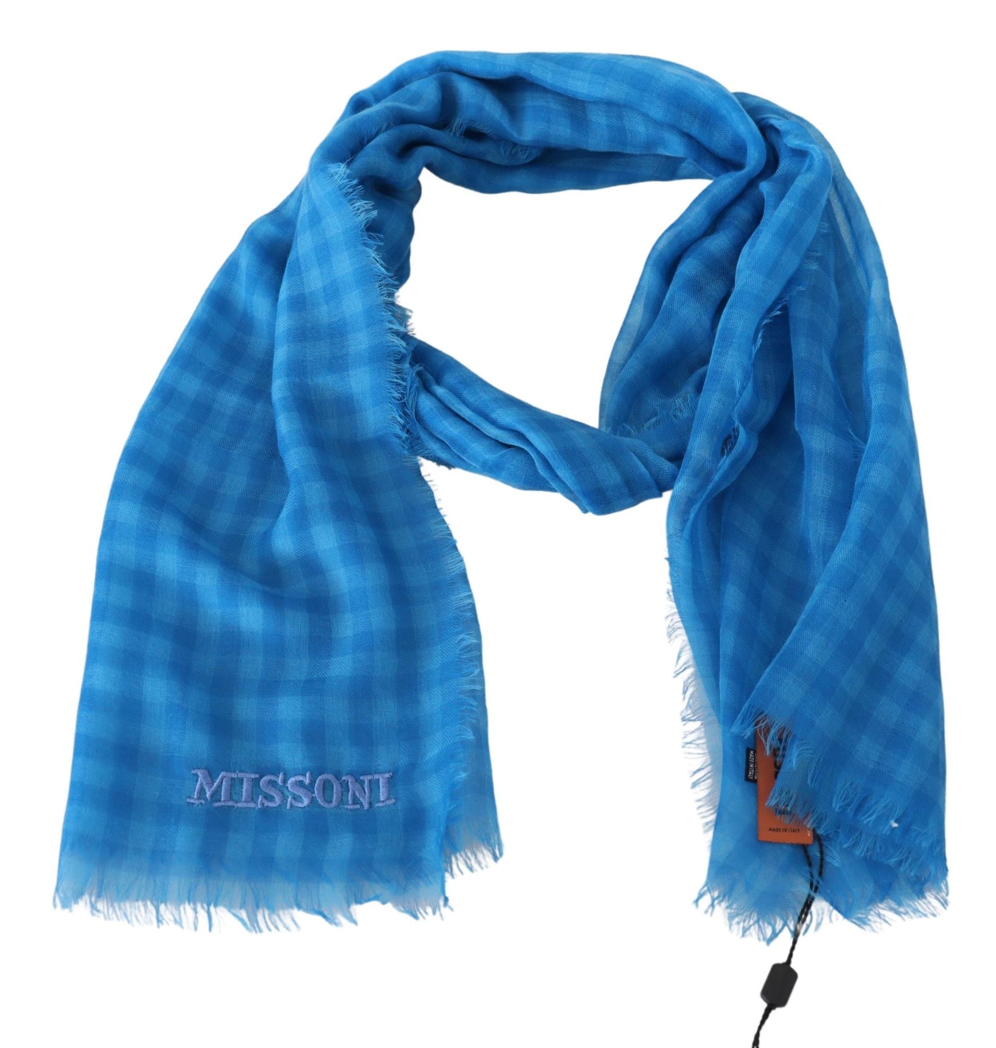 Blue Checkered Cashmere Unisex Wrap Fringes Scarf