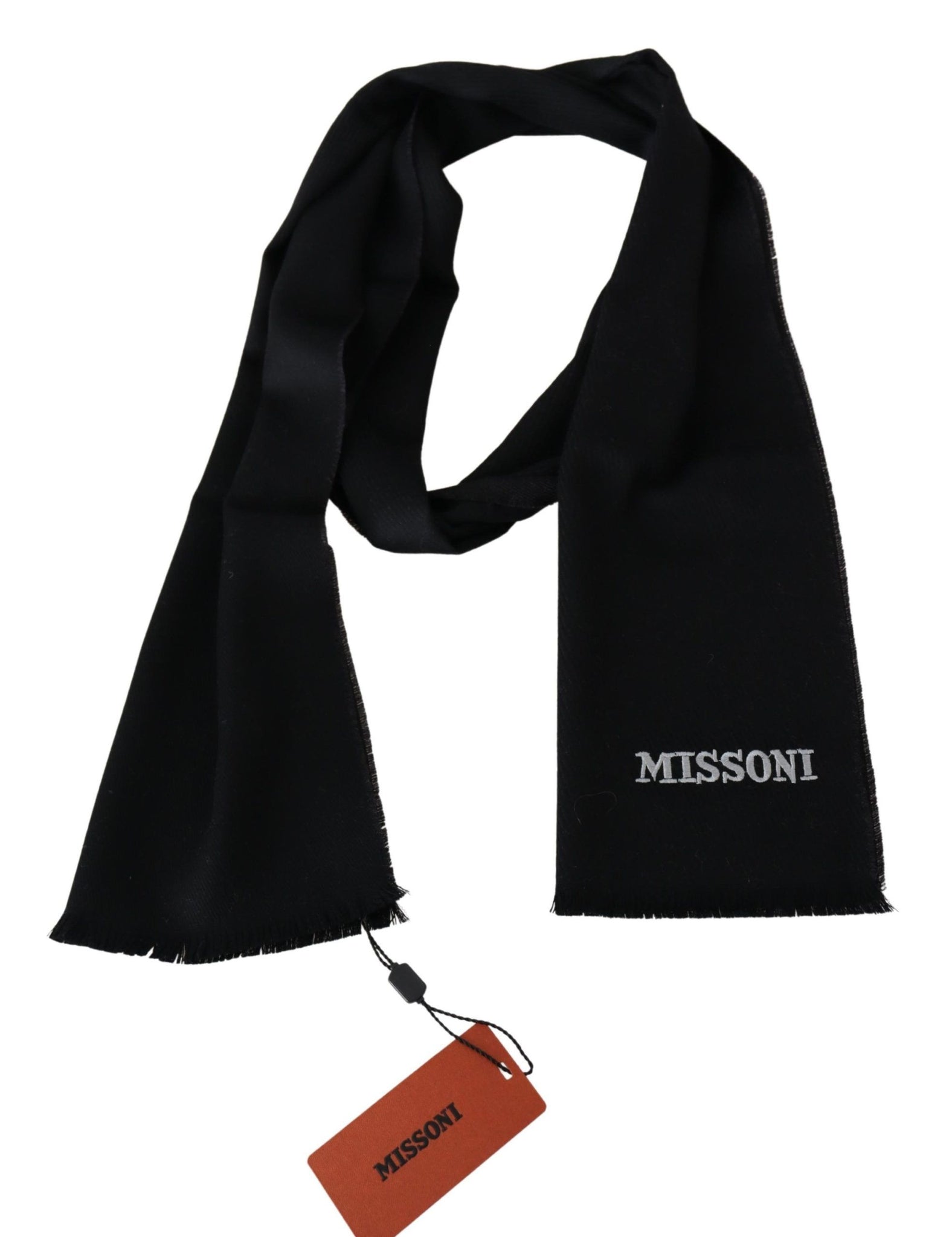 Black 100% Wool Unisex Neck Wrap Fringes Logo Scarf