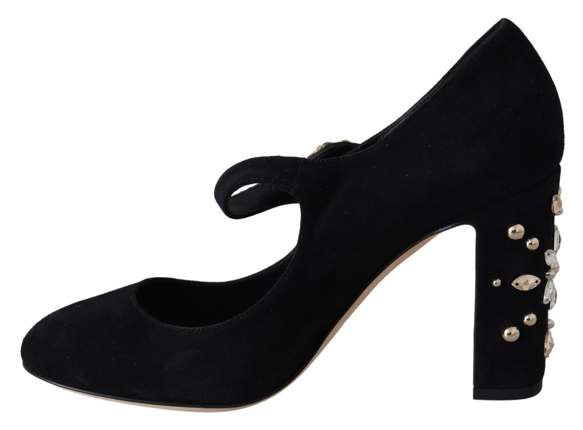 Black Suede Crystal Heels Mary Jane Shoes