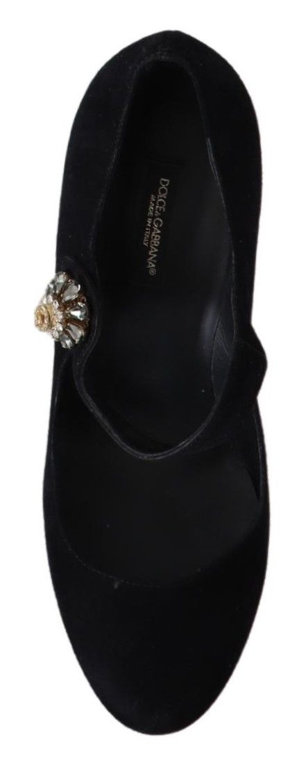 Black Suede Crystal Heels Mary Jane Shoes