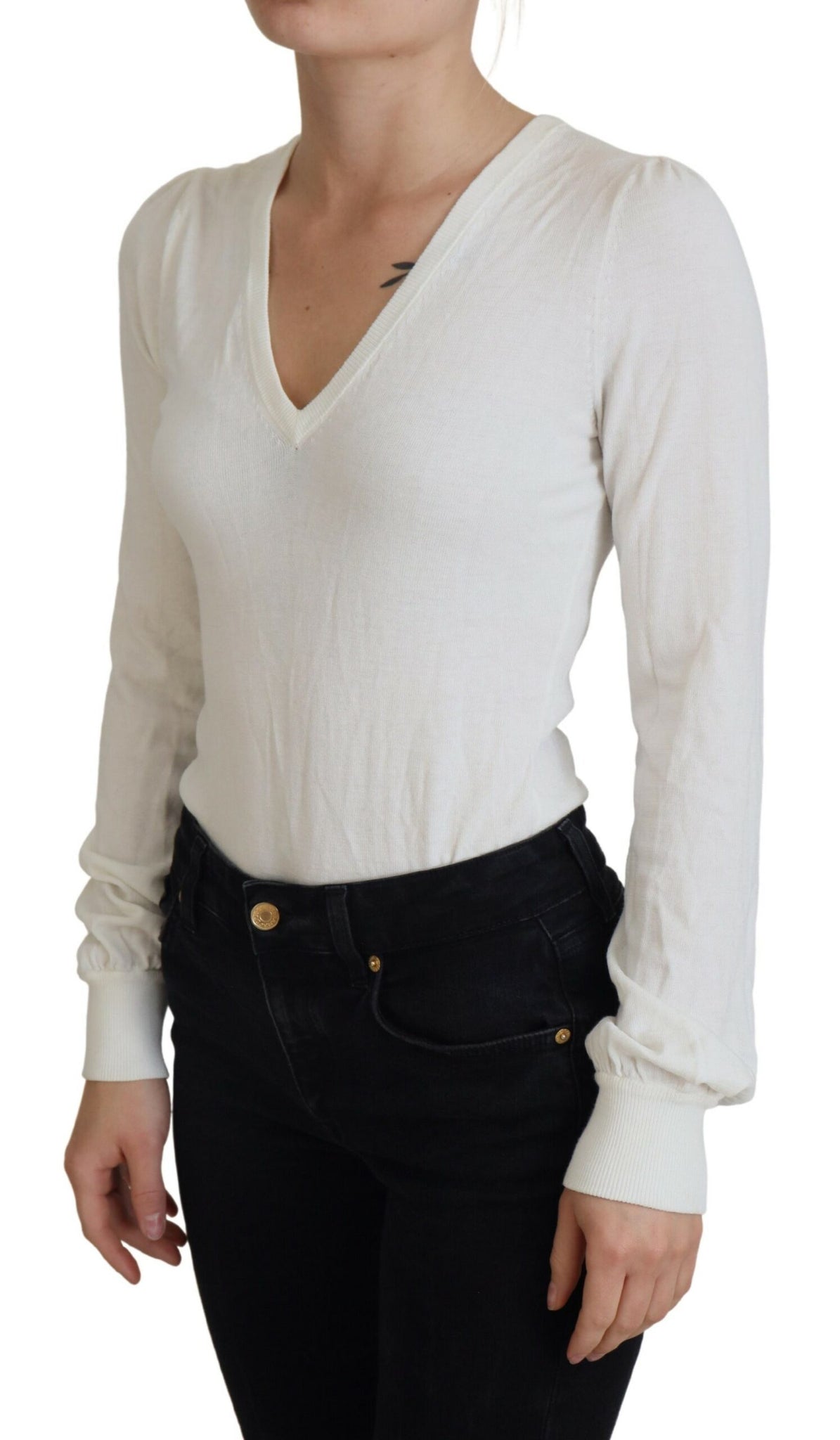 Patrizia Pepe Ivory V-Neck Long Sleeves Women Blouse Top