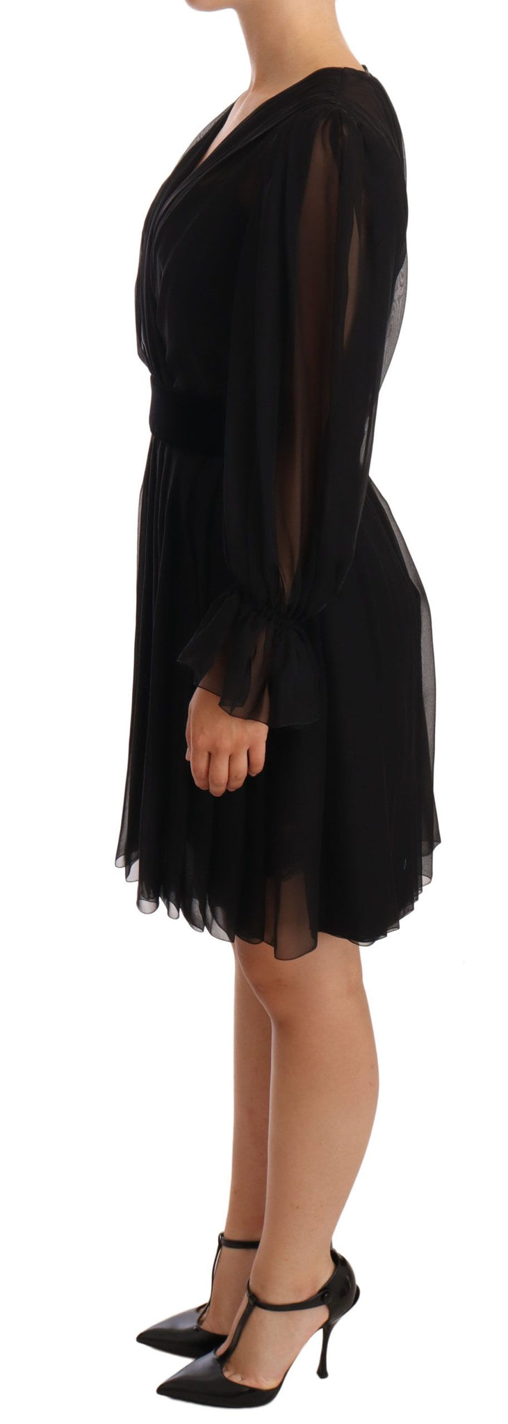 Black Mesh Pleated Mini Silk Stretch Dress