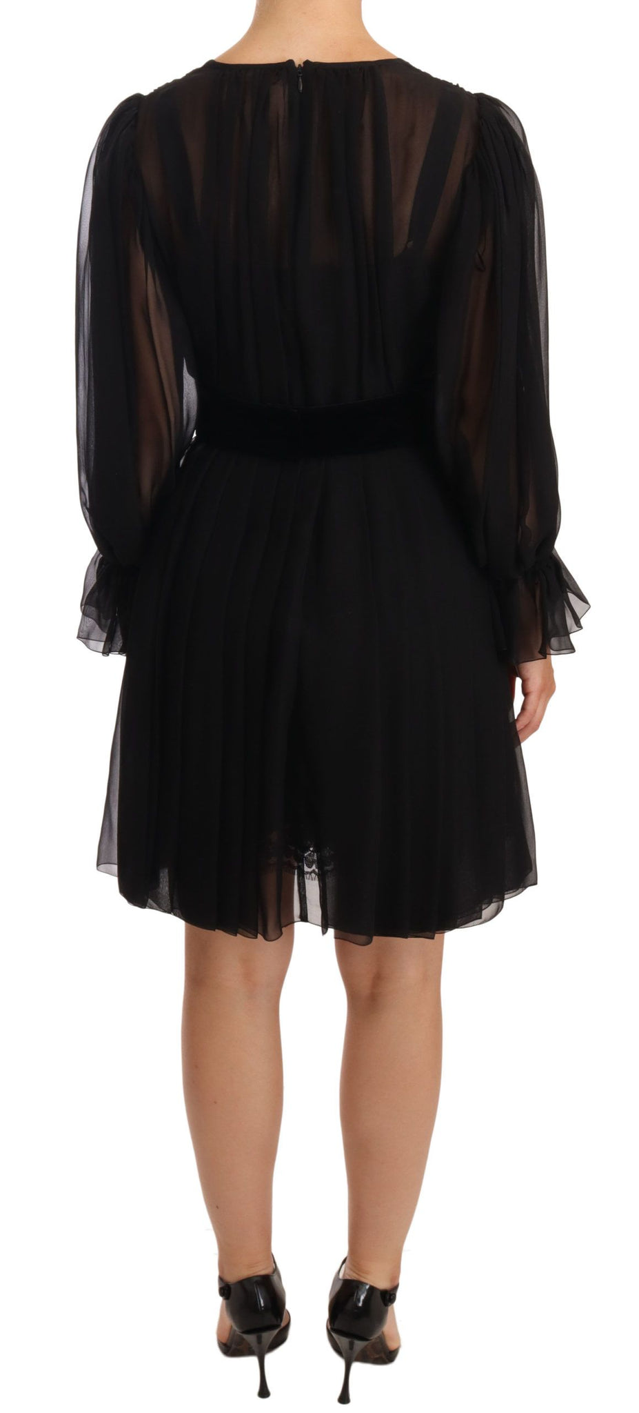 Black Mesh Pleated Mini Silk Stretch Dress