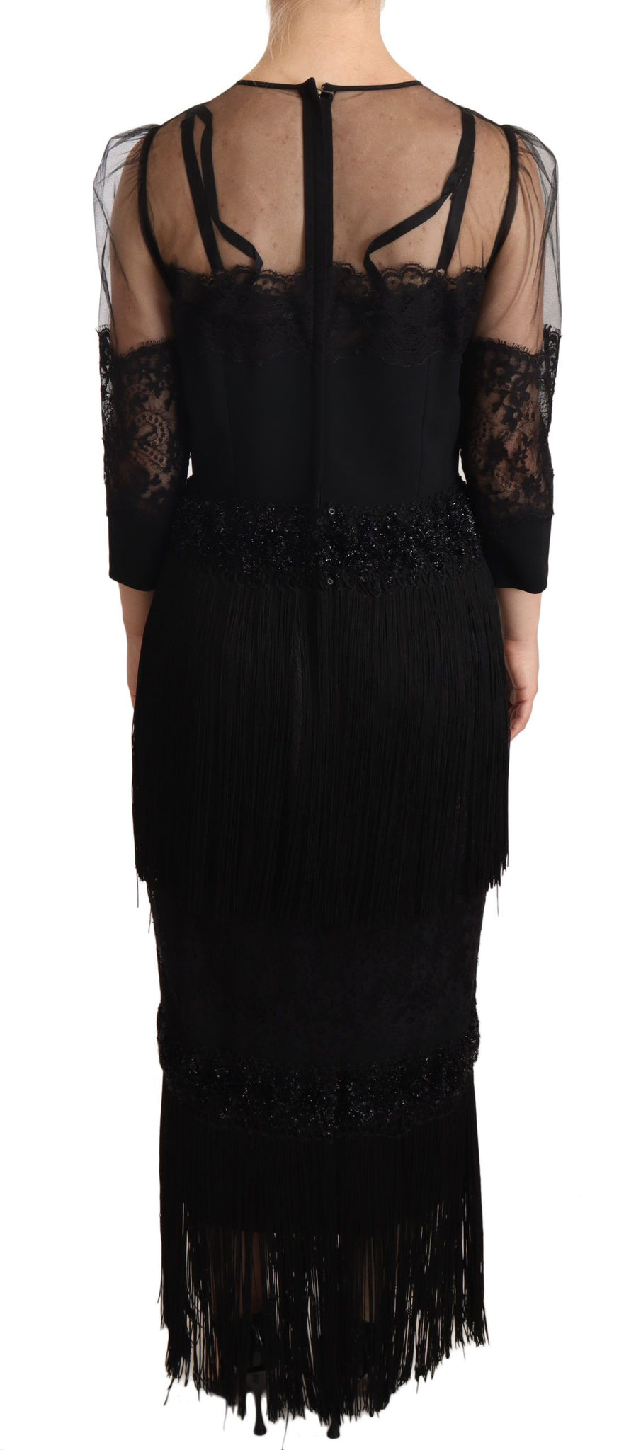 Black Sheer Floral Lace Crystal Maxi Dress