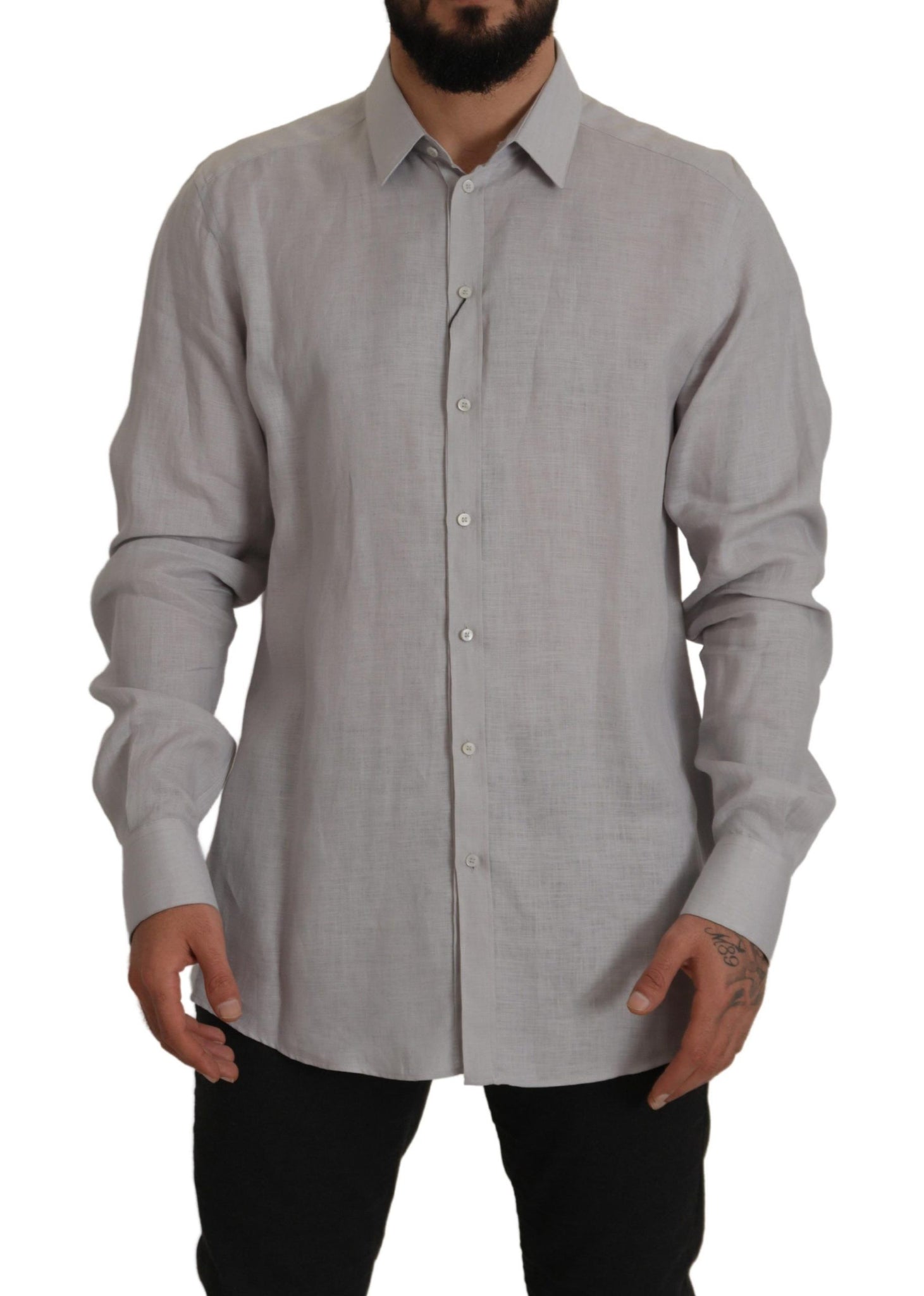 Gray Linen Long Sleeves Formal GOLD Shirt