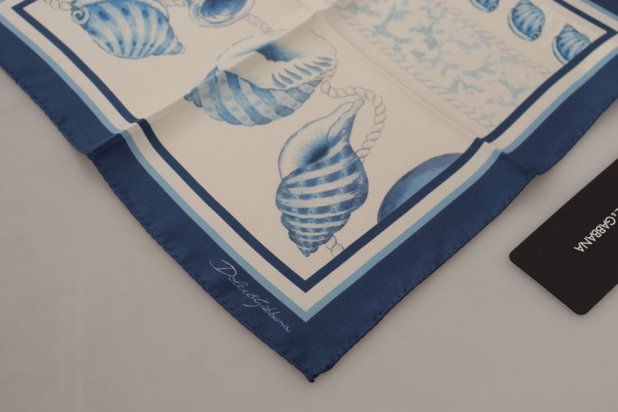 White Blue Shells Print Square Handkerchief Scarf