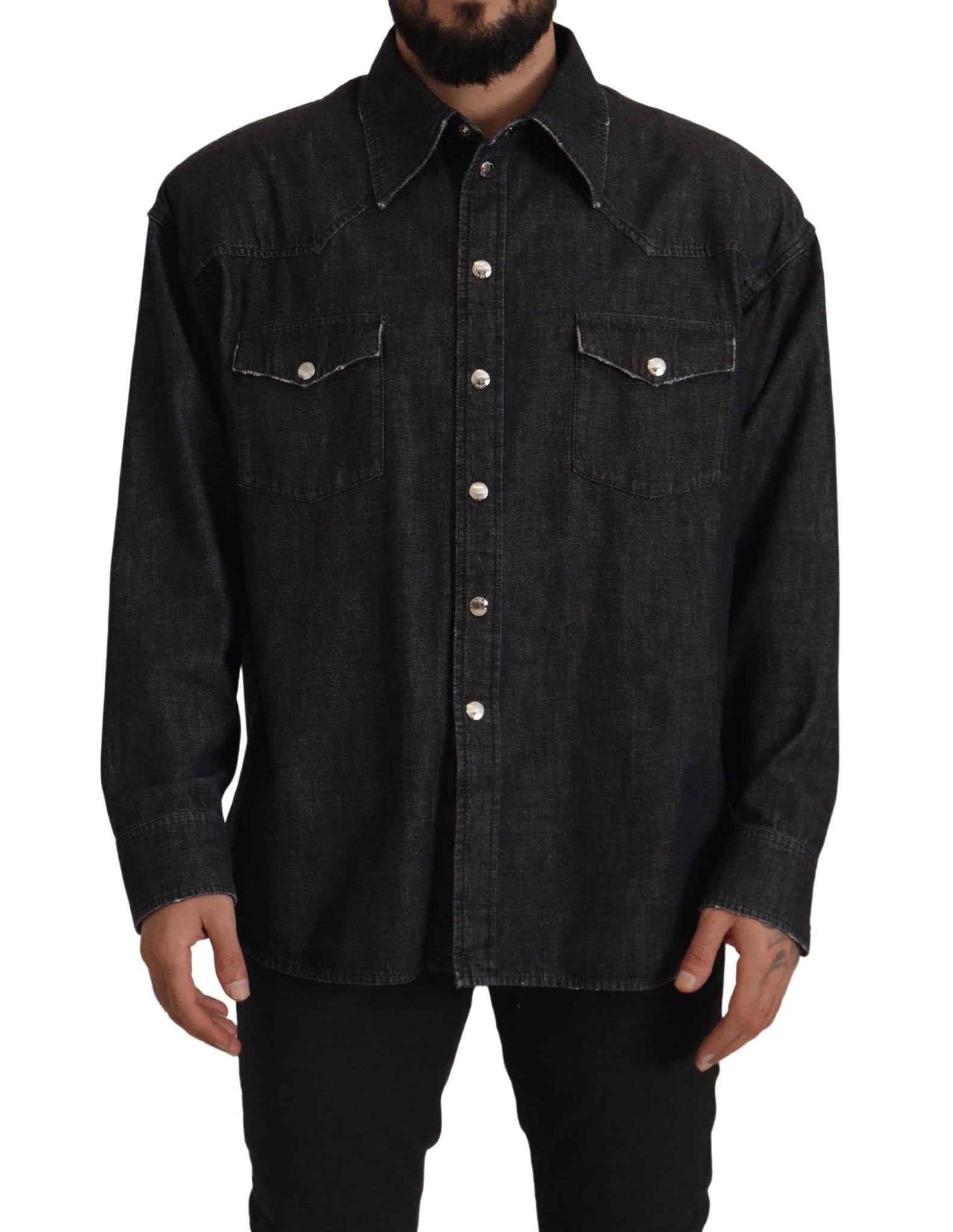 Gray Cotton Stretch Button Down Denim Shirt