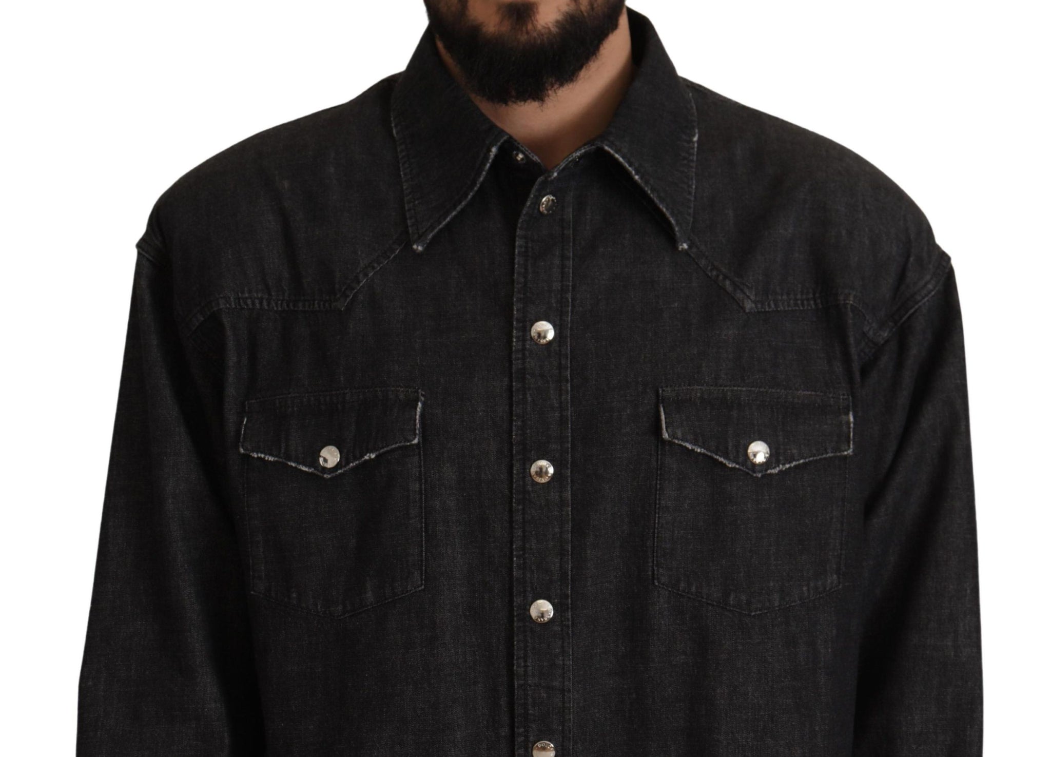 Gray Cotton Stretch Button Down Denim Shirt