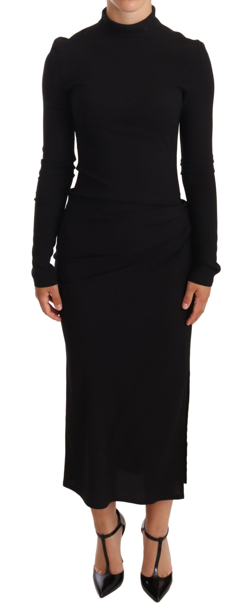 Black Stretch Turtleneck Sheath Midi Dress