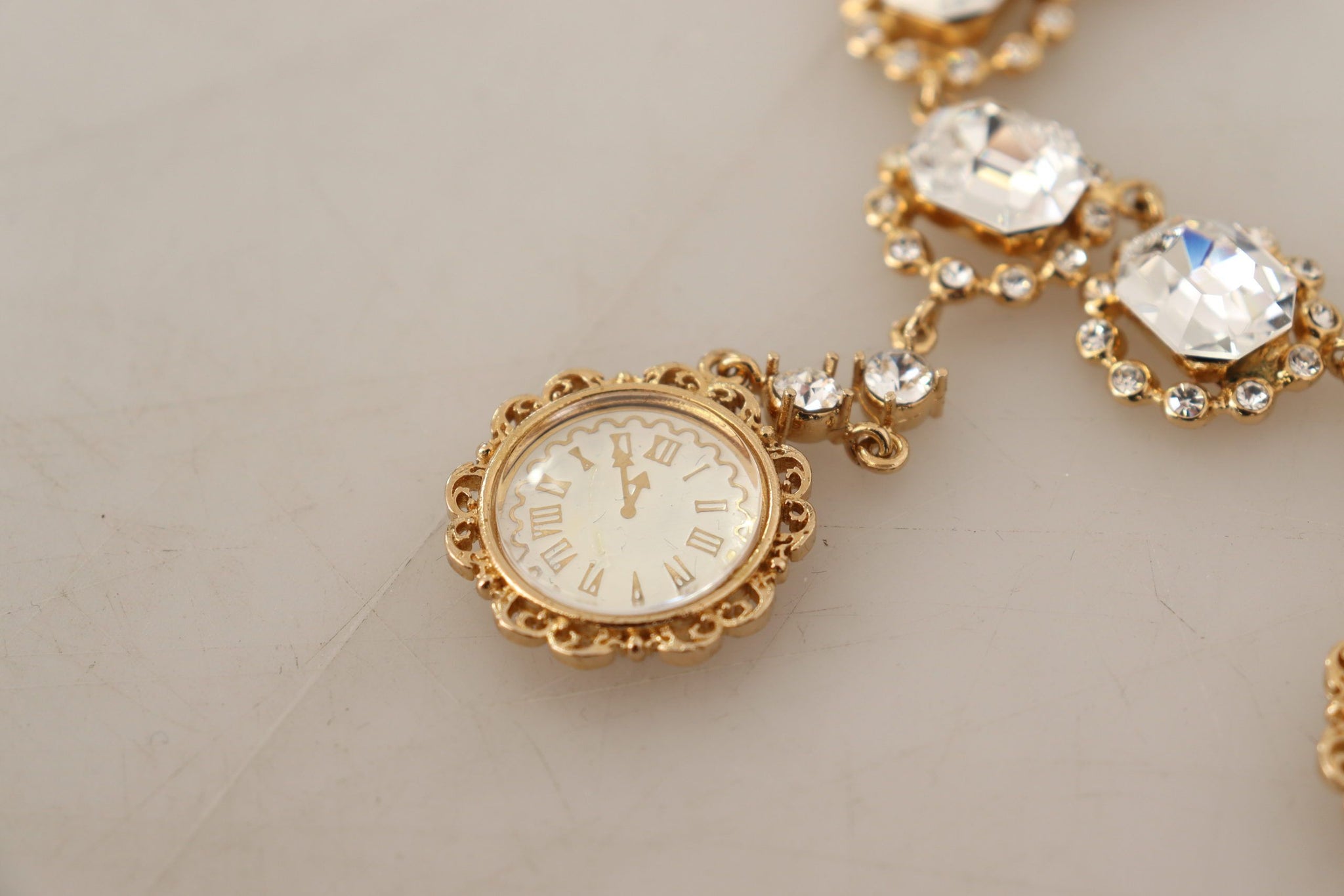 Gold Clock Statement Crystal Chain Necklace