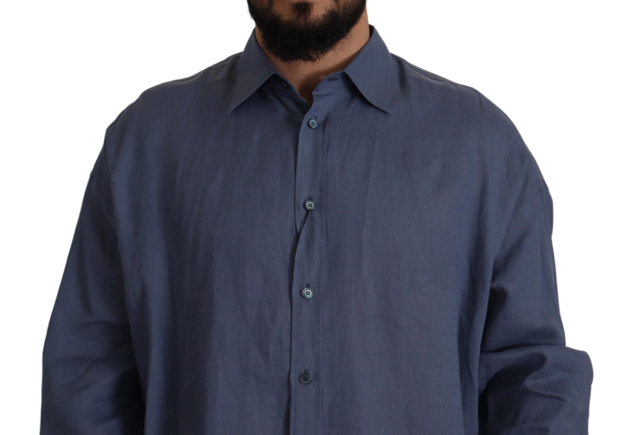 Dark Blue Linen Slim Fit Dress Formal Men Shirt