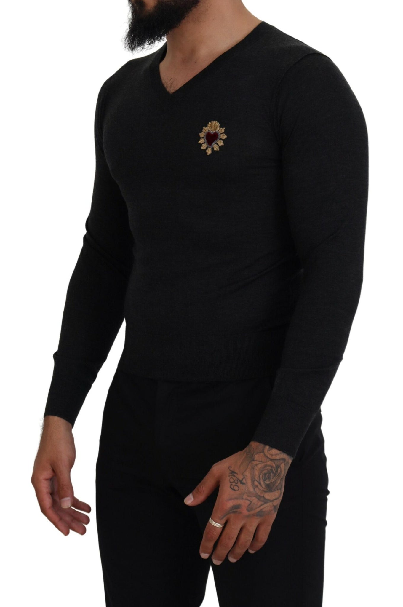 Dolce & Gabbana Gray Cashmere V-neck Gold Heart Sweater