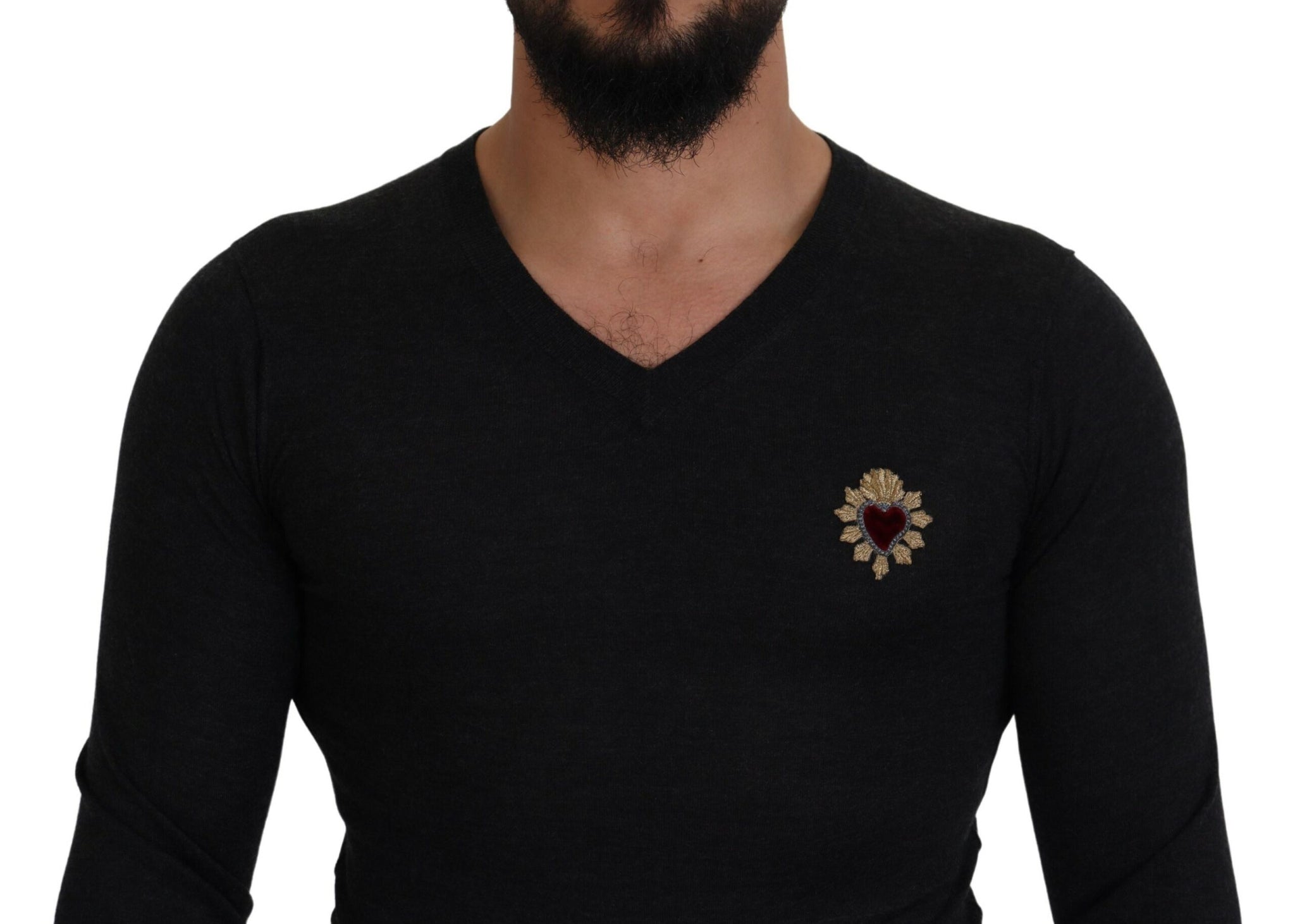 Dolce & Gabbana Gray Cashmere V-neck Gold Heart Sweater