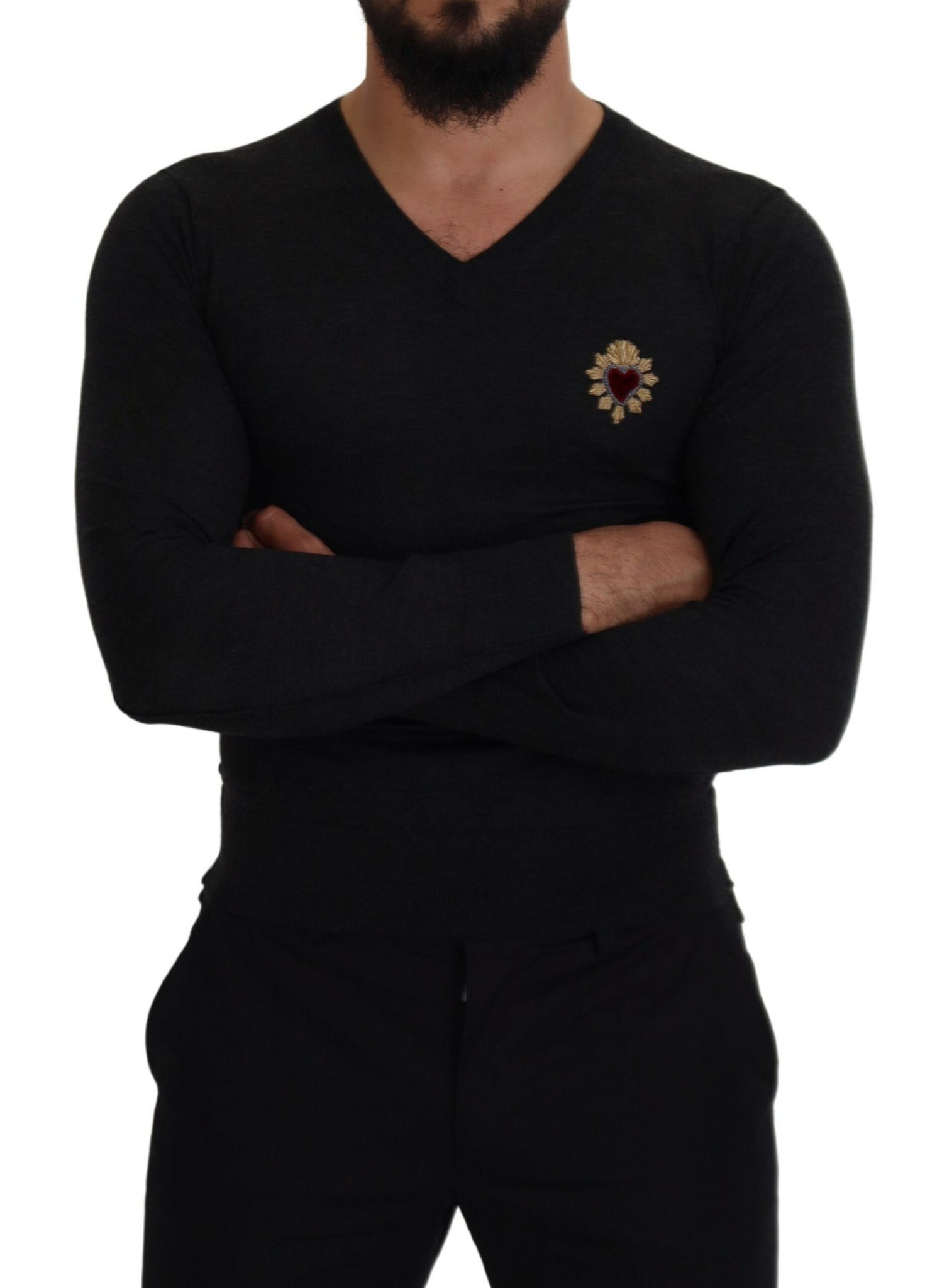 Dolce & Gabbana Gray Cashmere V-neck Gold Heart Sweater