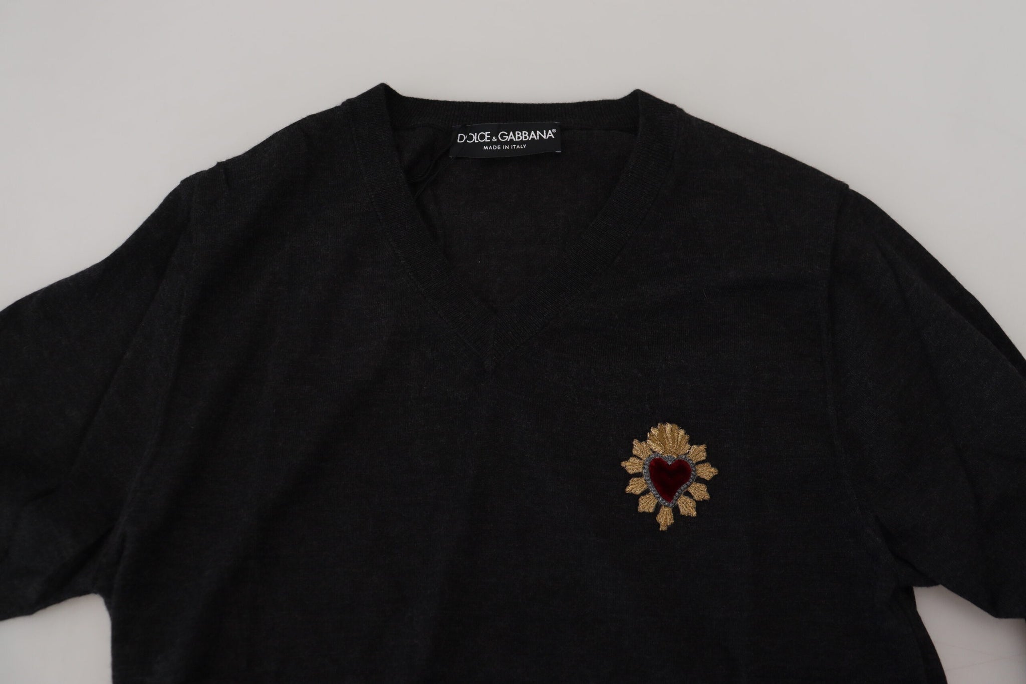 Dolce & Gabbana Gray Cashmere V-neck Gold Heart Sweater