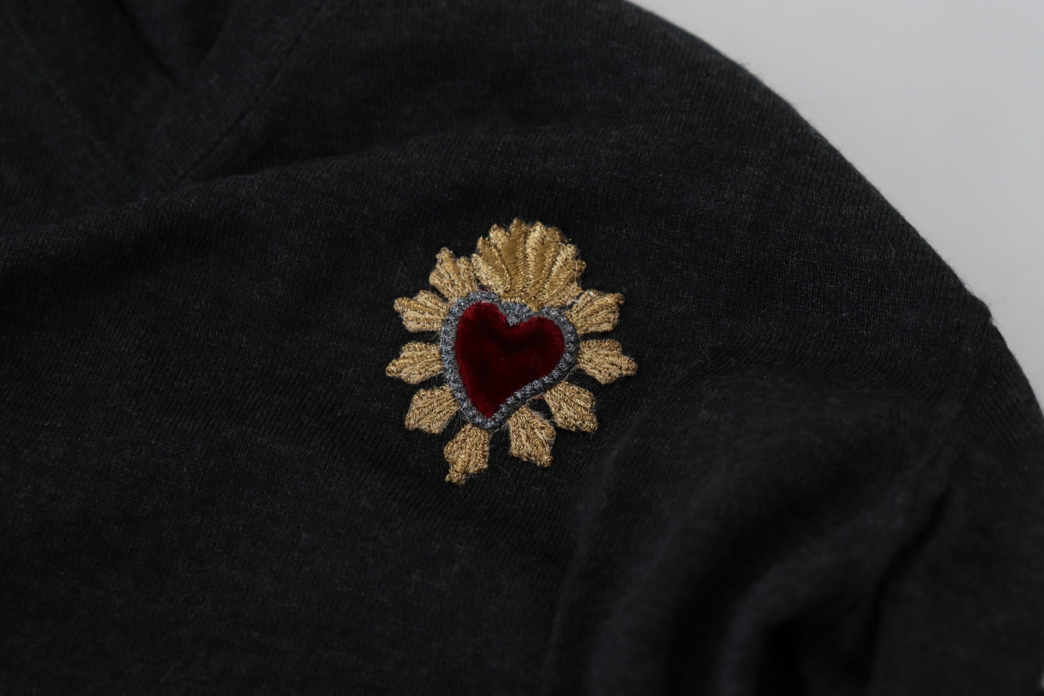 Dolce & Gabbana Gray Cashmere V-neck Gold Heart Sweater