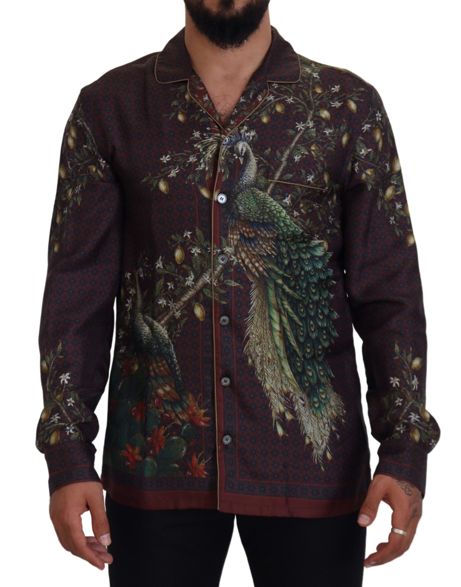 Bordeaux Ostrich Silk Satin Casual Mens Shirt