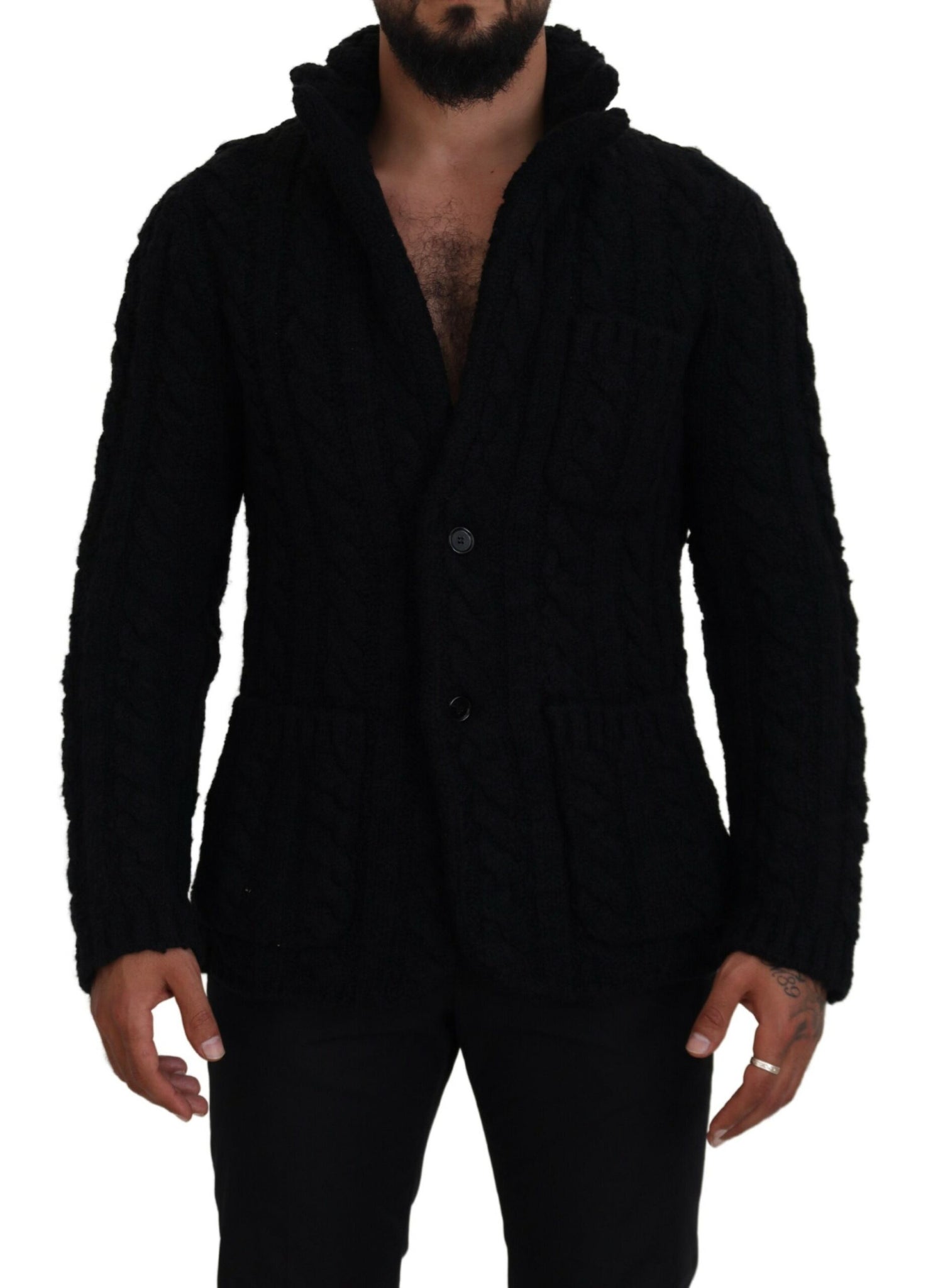 Black Wool Knit Button Cardigan Sweater