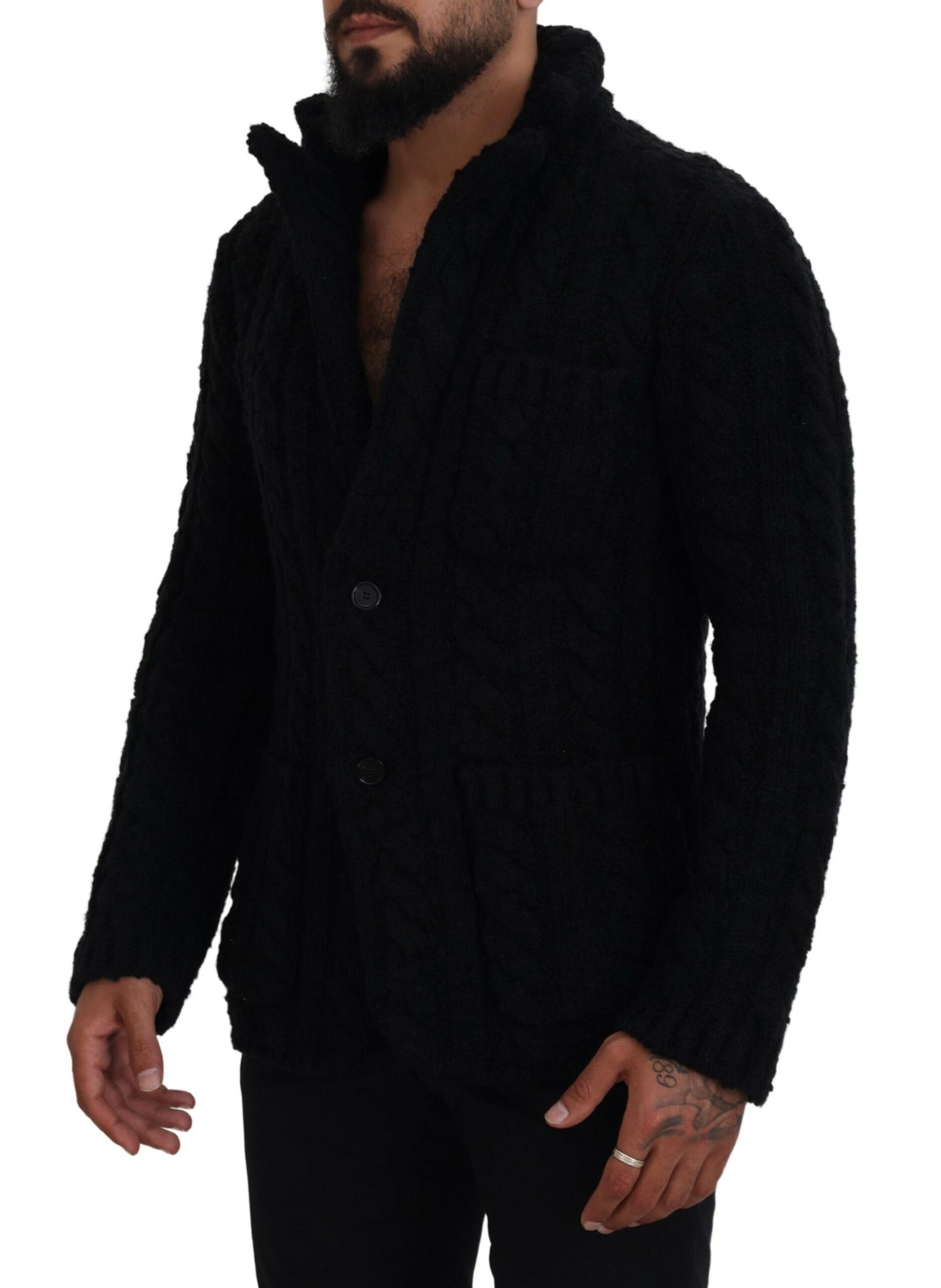 Black Wool Knit Button Cardigan Sweater