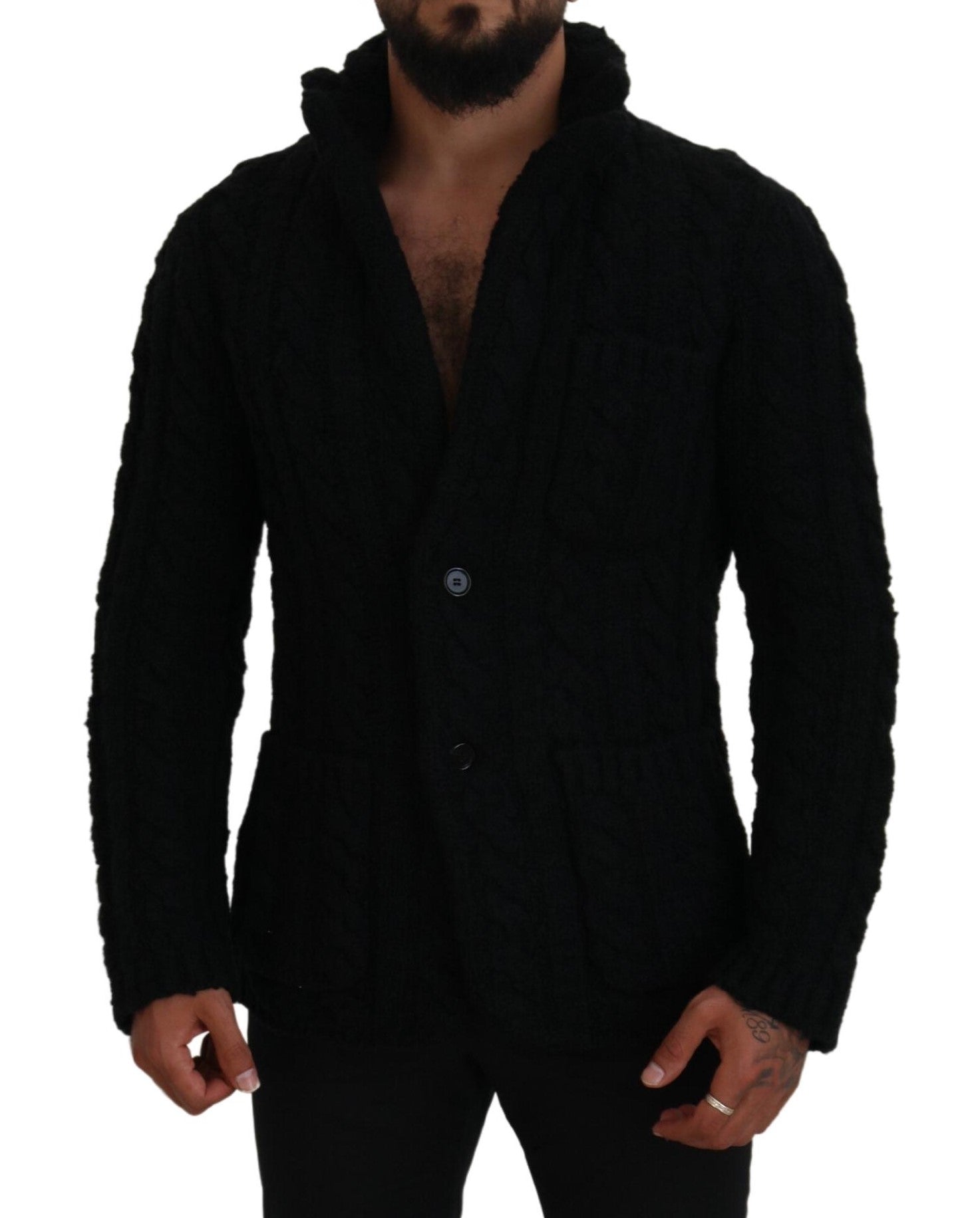 Black Wool Knit Button Cardigan Sweater