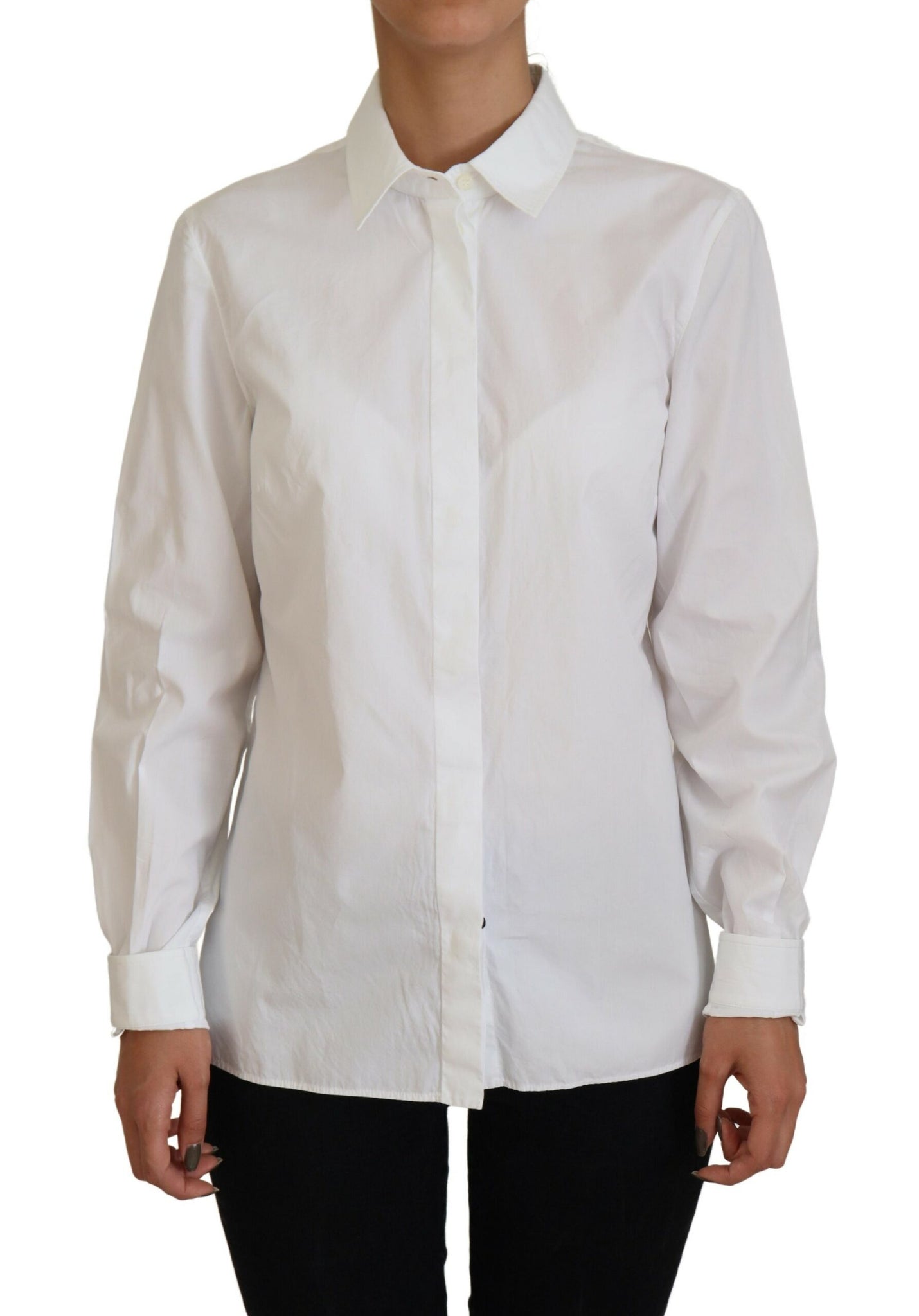 Dolce & Gabbana White Cotton Collared Long Sleeves Formal Top