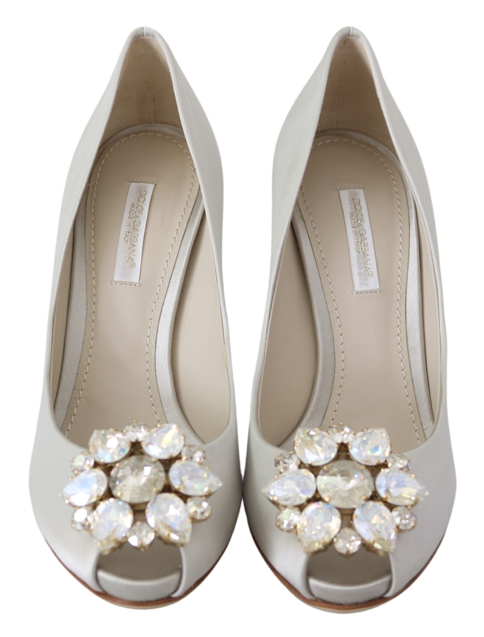 Dolce & Gabbana White Crystals Peep Toe Heels Satin Pumps Shoes