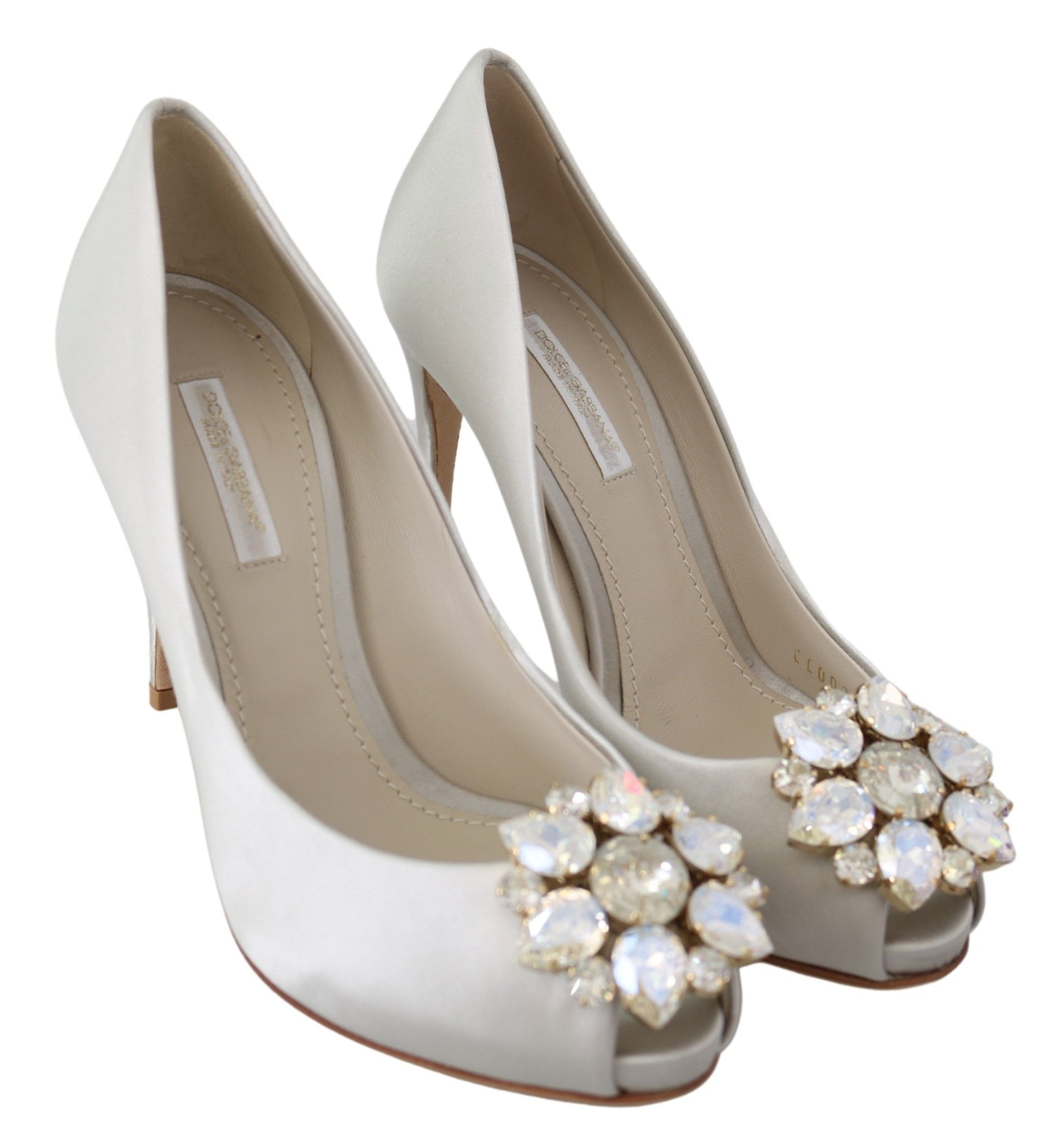 Dolce & Gabbana White Crystals Peep Toe Heels Satin Pumps Shoes