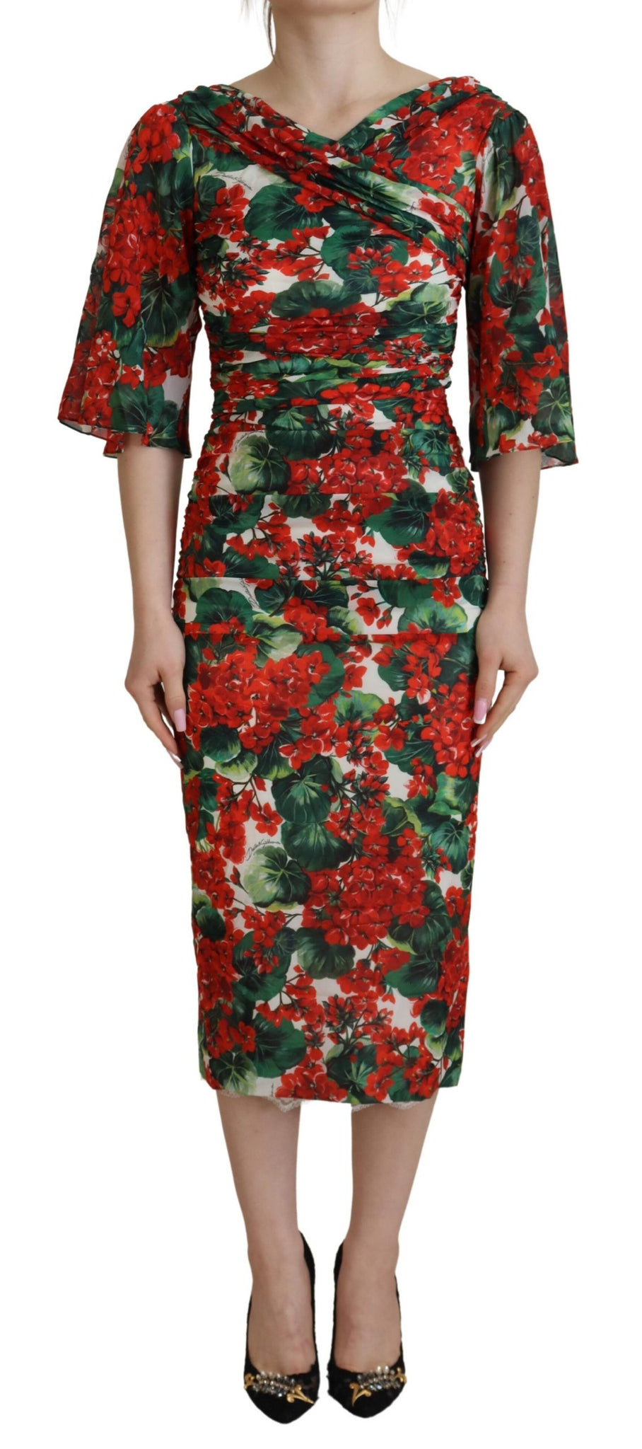 Multicolor Geranium Silk Sheath Midi Dress