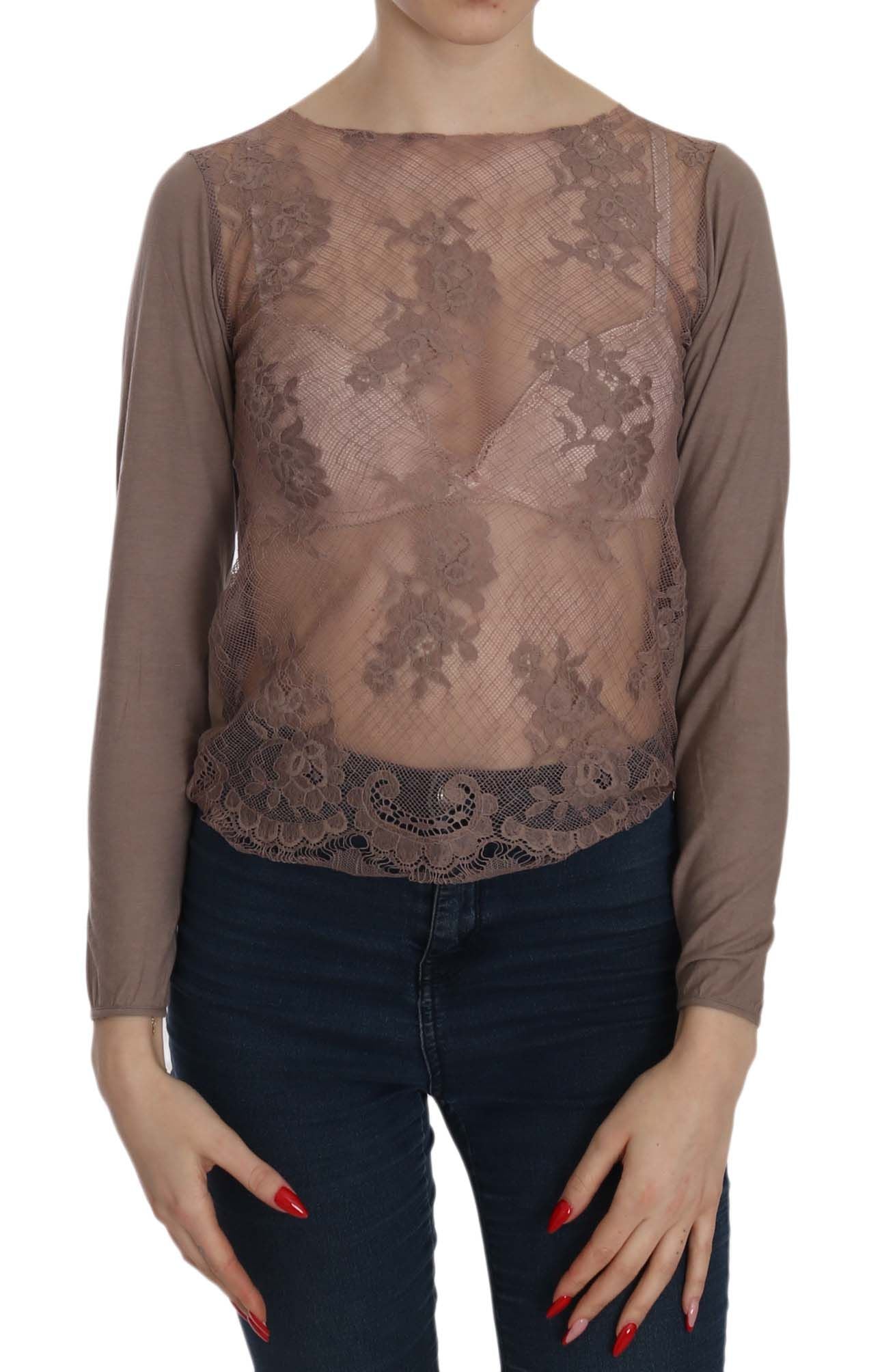 Brown Lace See Through Long Sleeve Top