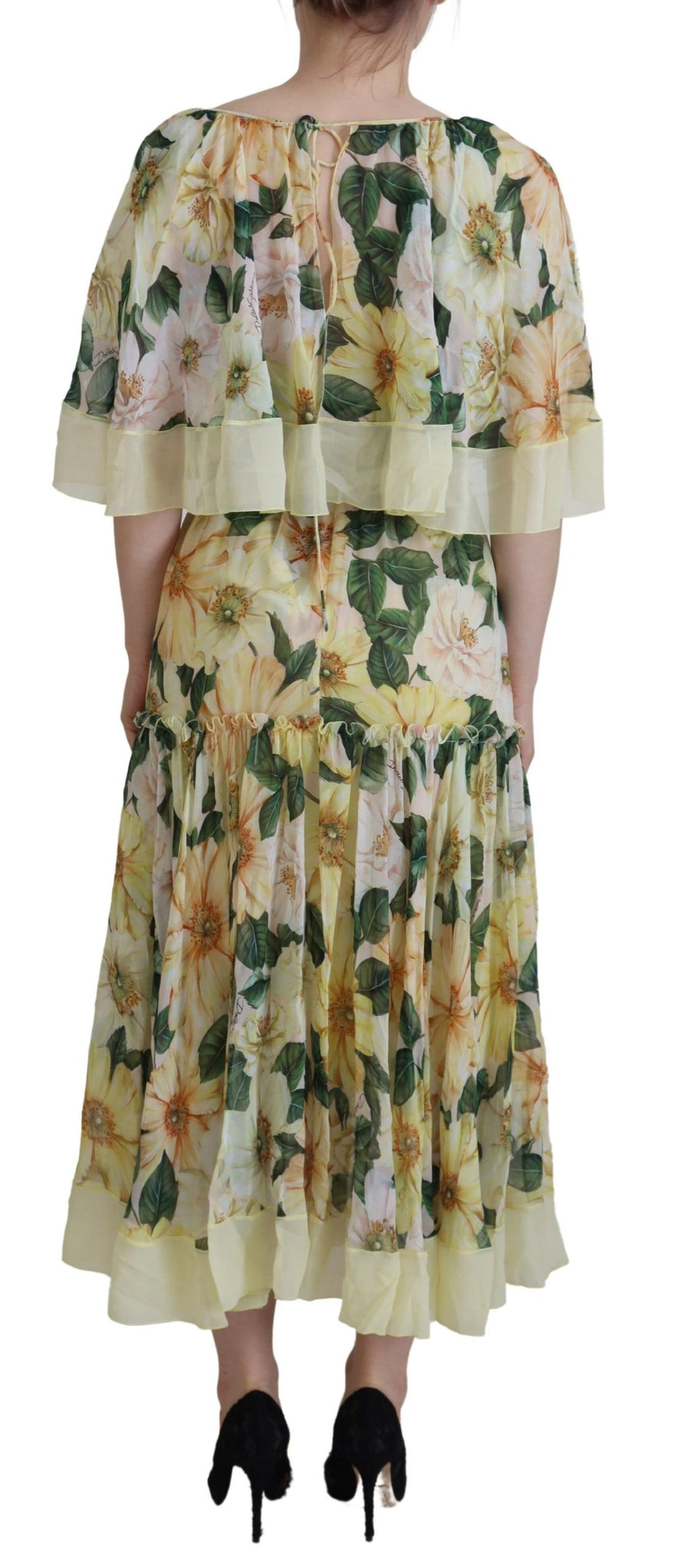 Yellow Floral Print Pleated Maxi Silk Dress