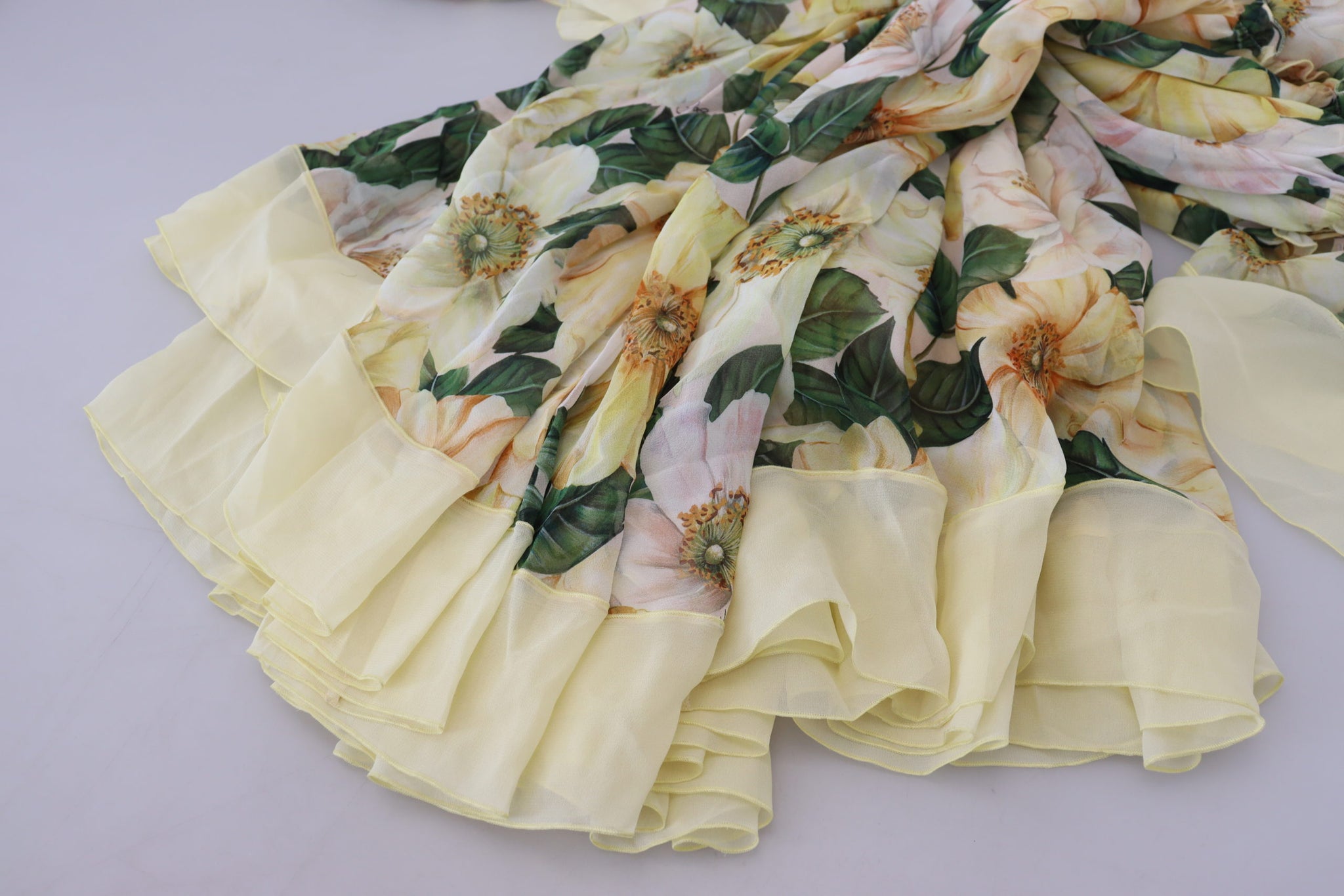 Yellow Floral Print Pleated Maxi Silk Dress