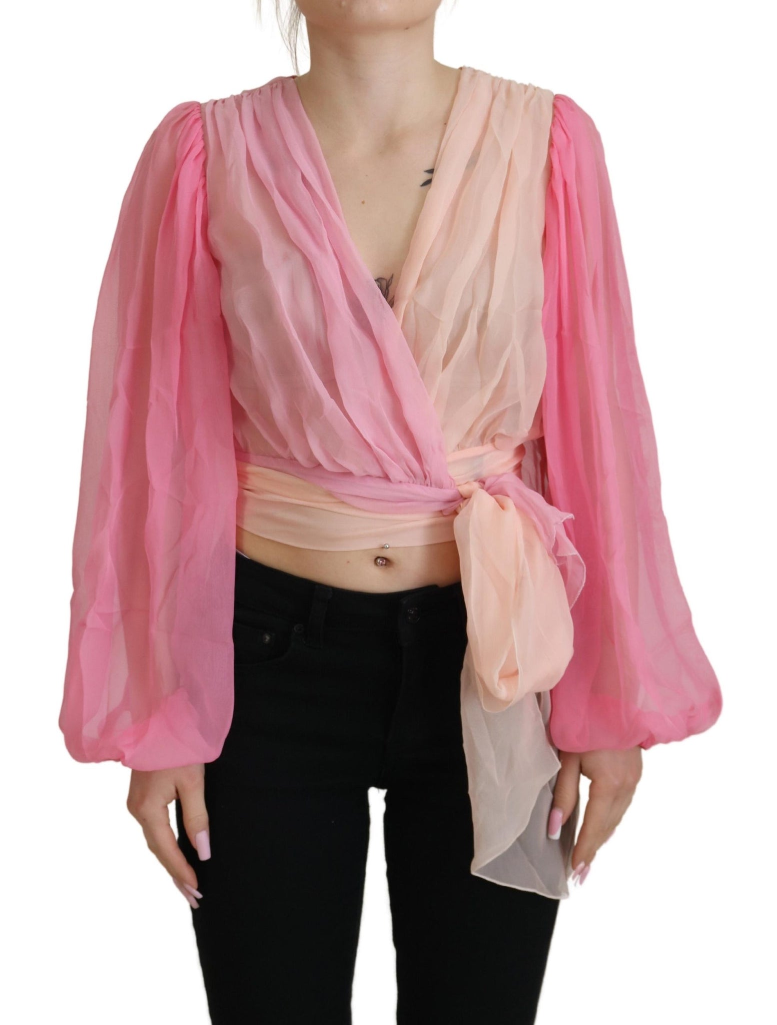 Dolce & Gabbana Pink Silk Wrap Long Sleeves Blouse Top