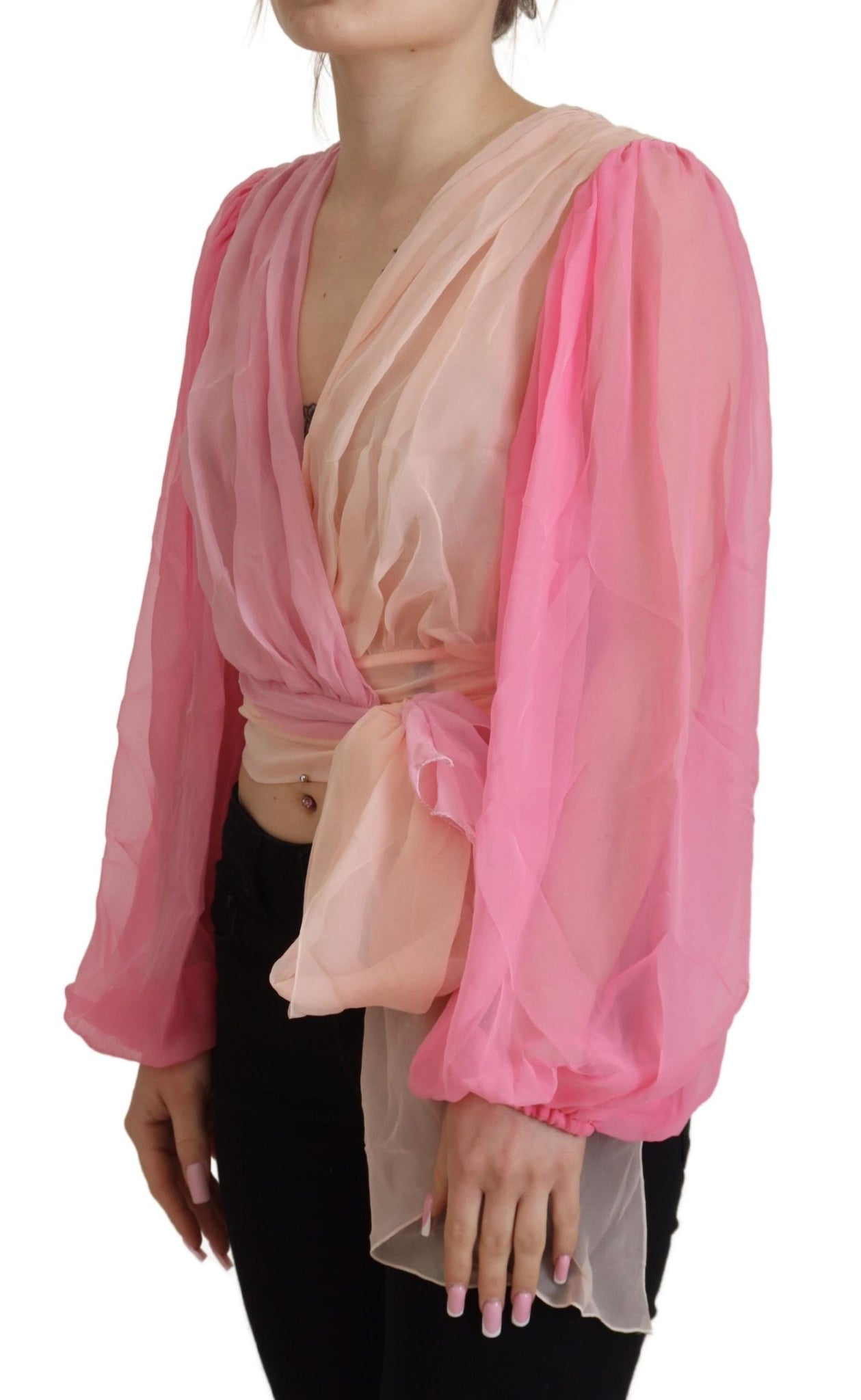 Dolce & Gabbana Pink Silk Wrap Long Sleeves Blouse Top